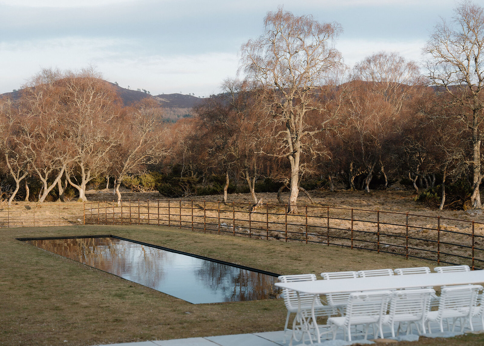 A landscape view of the garden: the pond, the white table for a dozen, the fence and the birch wood under the hills.