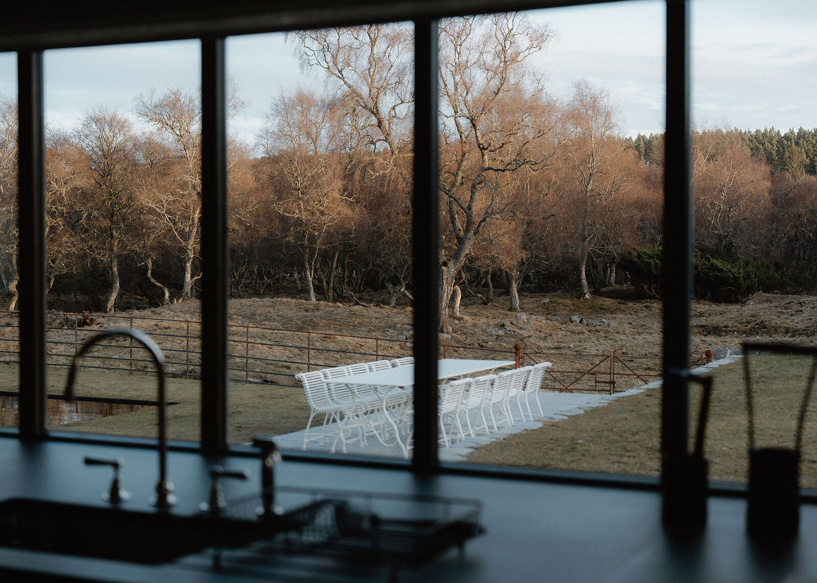 A landscape view from the kitchen sink over the terrace and its long white table to the birch woods.