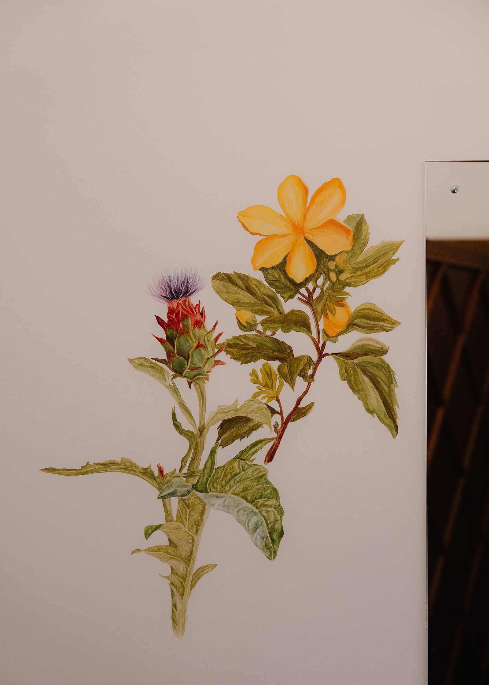 A hand-painted flower, a yellow bloom and a thistle, on a pale wall beside a mirror.