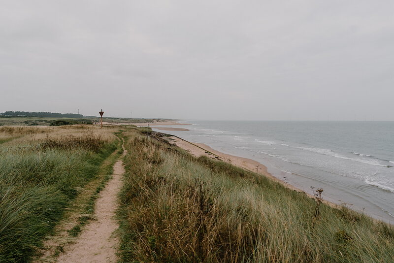 A grassy path winding along a clifftop above a sandy beach, a lighthouse tower standing in the distance.