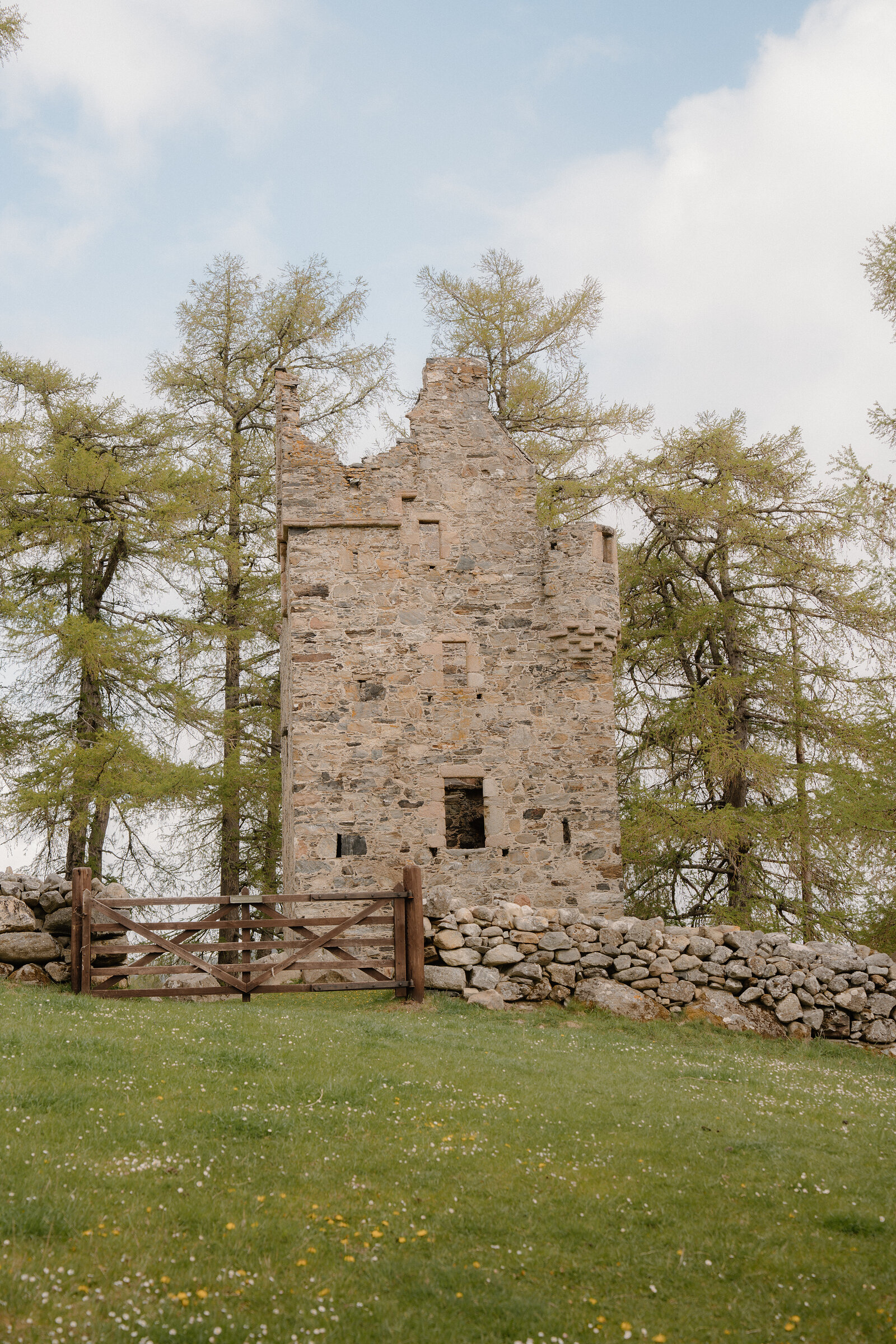Knock Castle's ruined tower behind a closed wooden gate and drystone wall