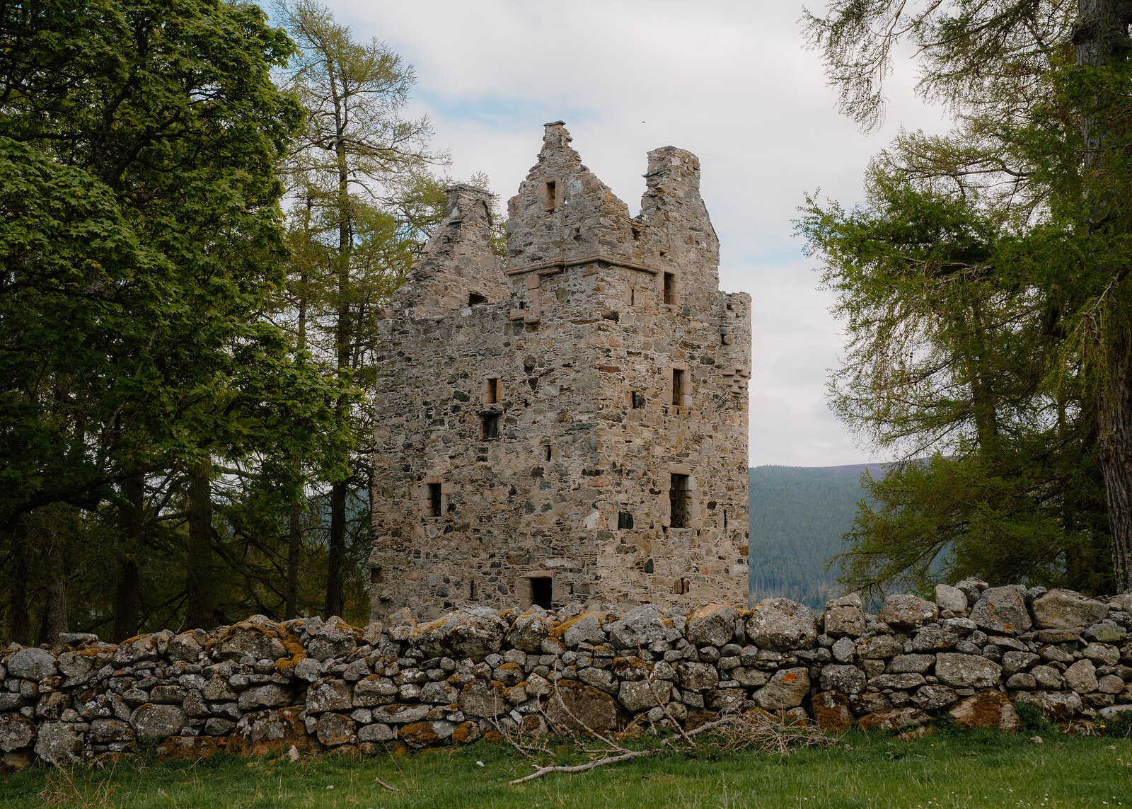 The stepped-gable tower of Knock Castle rising behind a dry-stone wall, framed by trees
