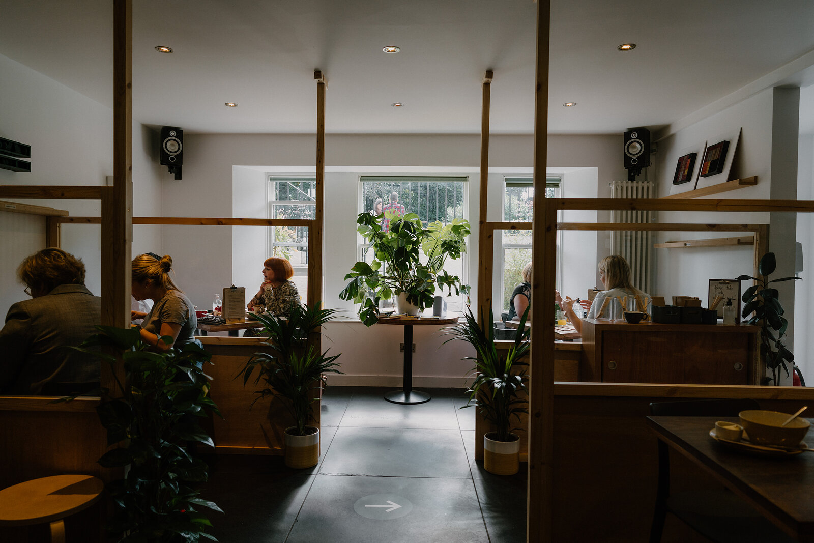 A plant-filled cafe interior in Aberdeenshire, customers seated at tables behind glass partitions.