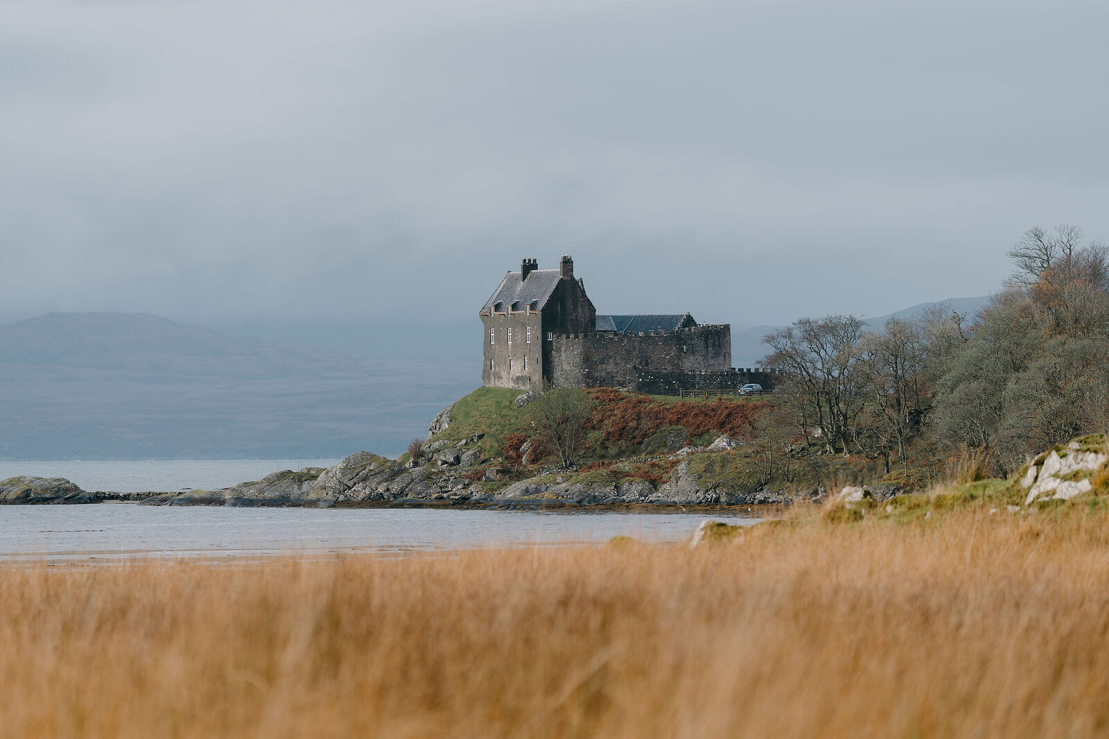 Duntrune Castle stands above the loch, seen across a stretch of golden grass