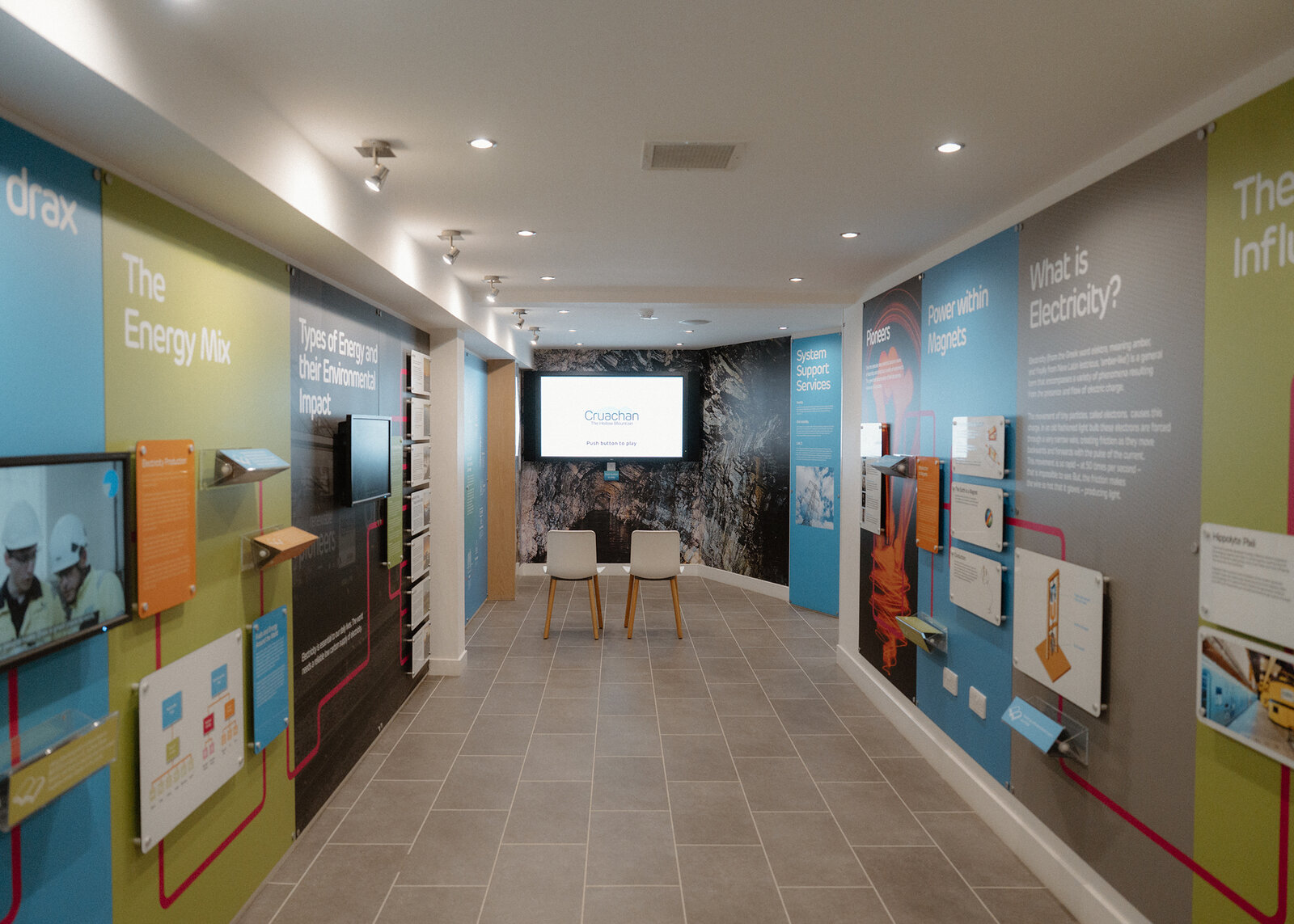 A "The Energy Mix" exhibit panel carries the Drax logo inside the power station visitor centre.