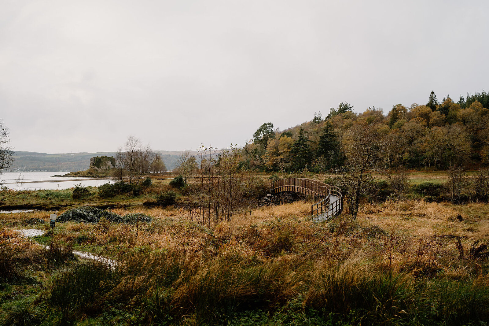 The curved wooden footbridge over the river at the head of the bay in autumn grass, the castle small on its point at the left.