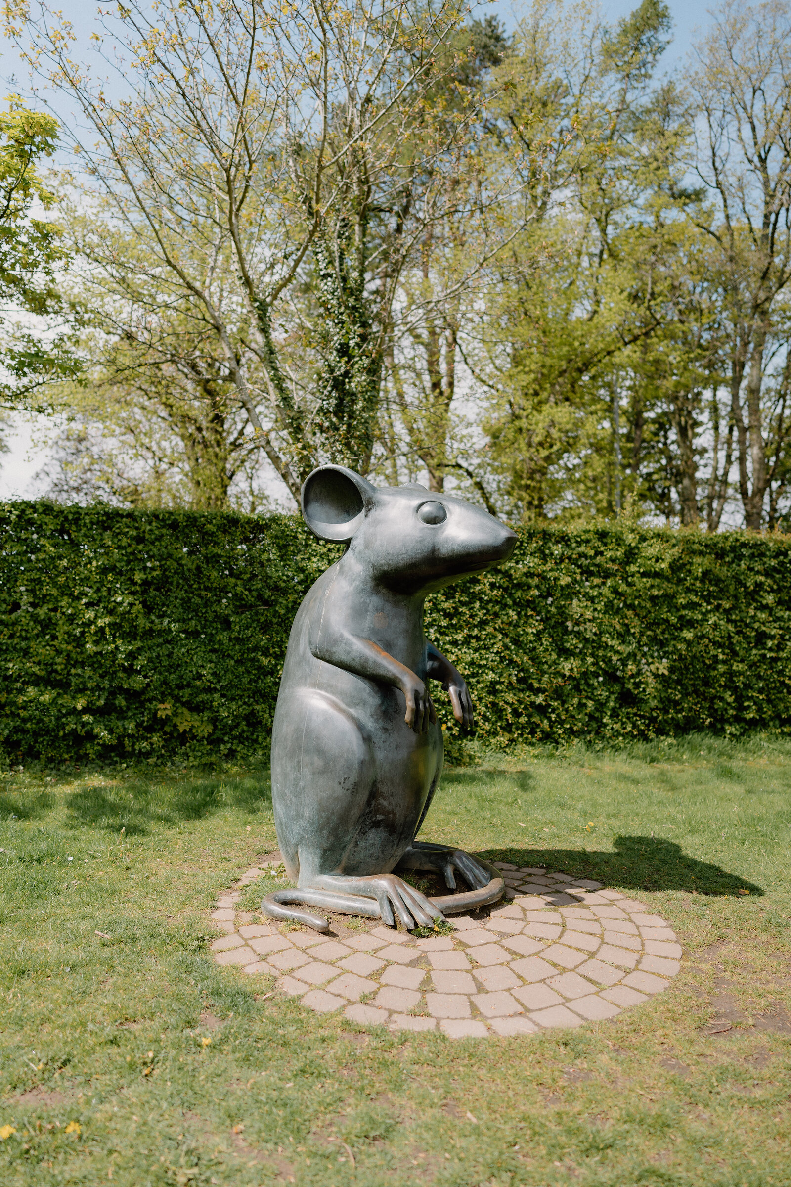 A large bronze statue of a mouse standing upright on its hind legs faces sideways in a garden, a clipped hedge forming the backdrop.