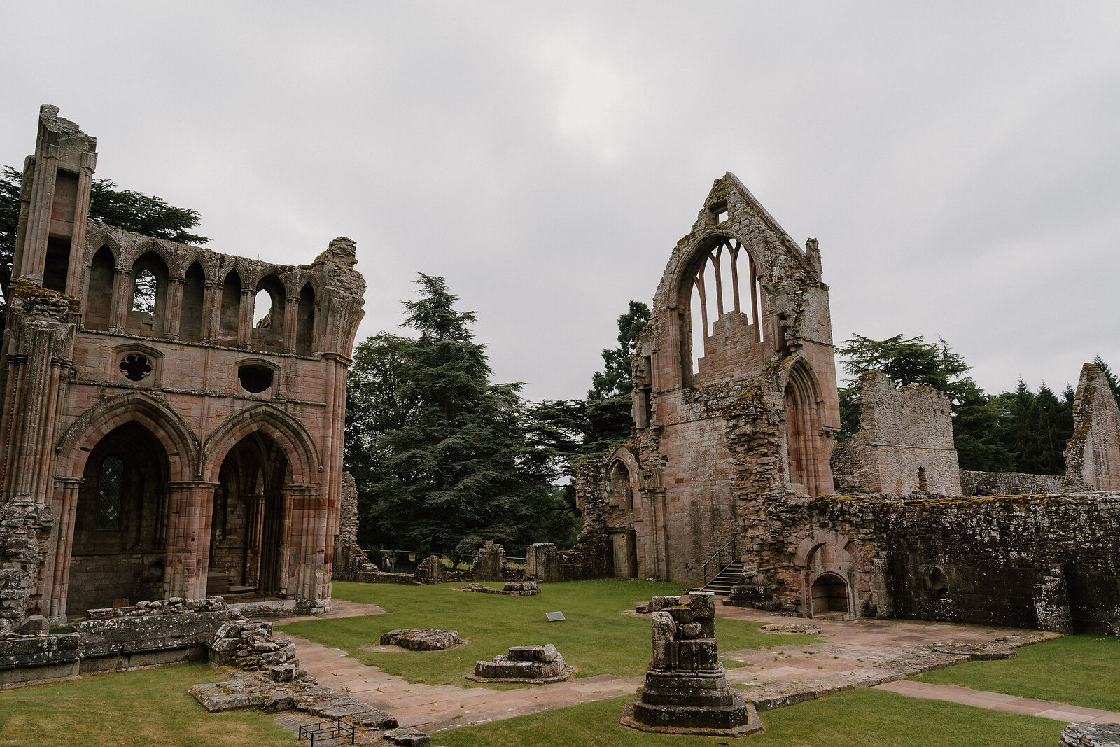 The roofless nave and transept of Dryburgh Abbey, pink sandstone arches and a tall traceried window standing open to the sky, with cut grass between the foundations and cedars behind.