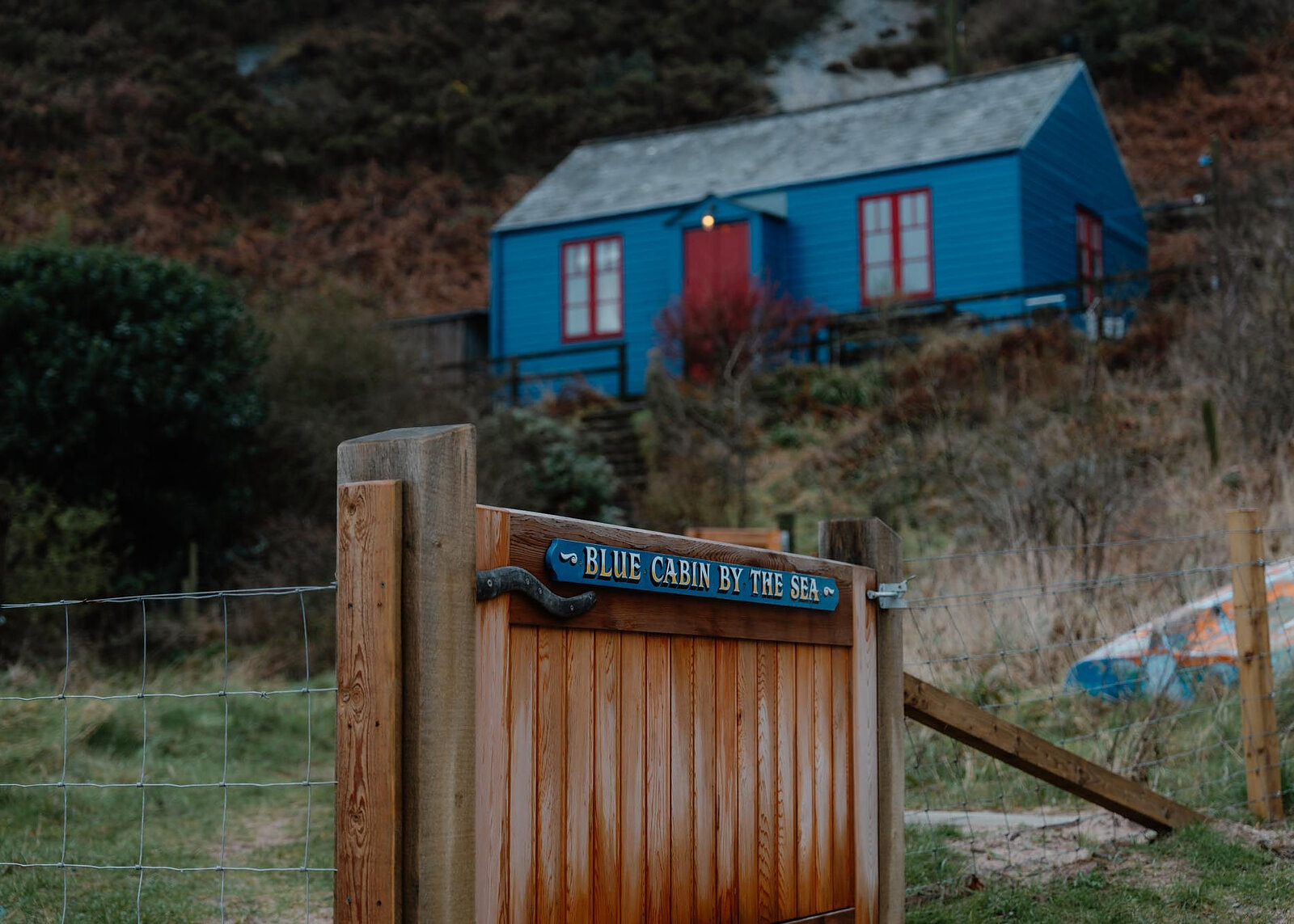 The cedar gate close up, its signboard and wrought eel hinge, the cabin soft behind.