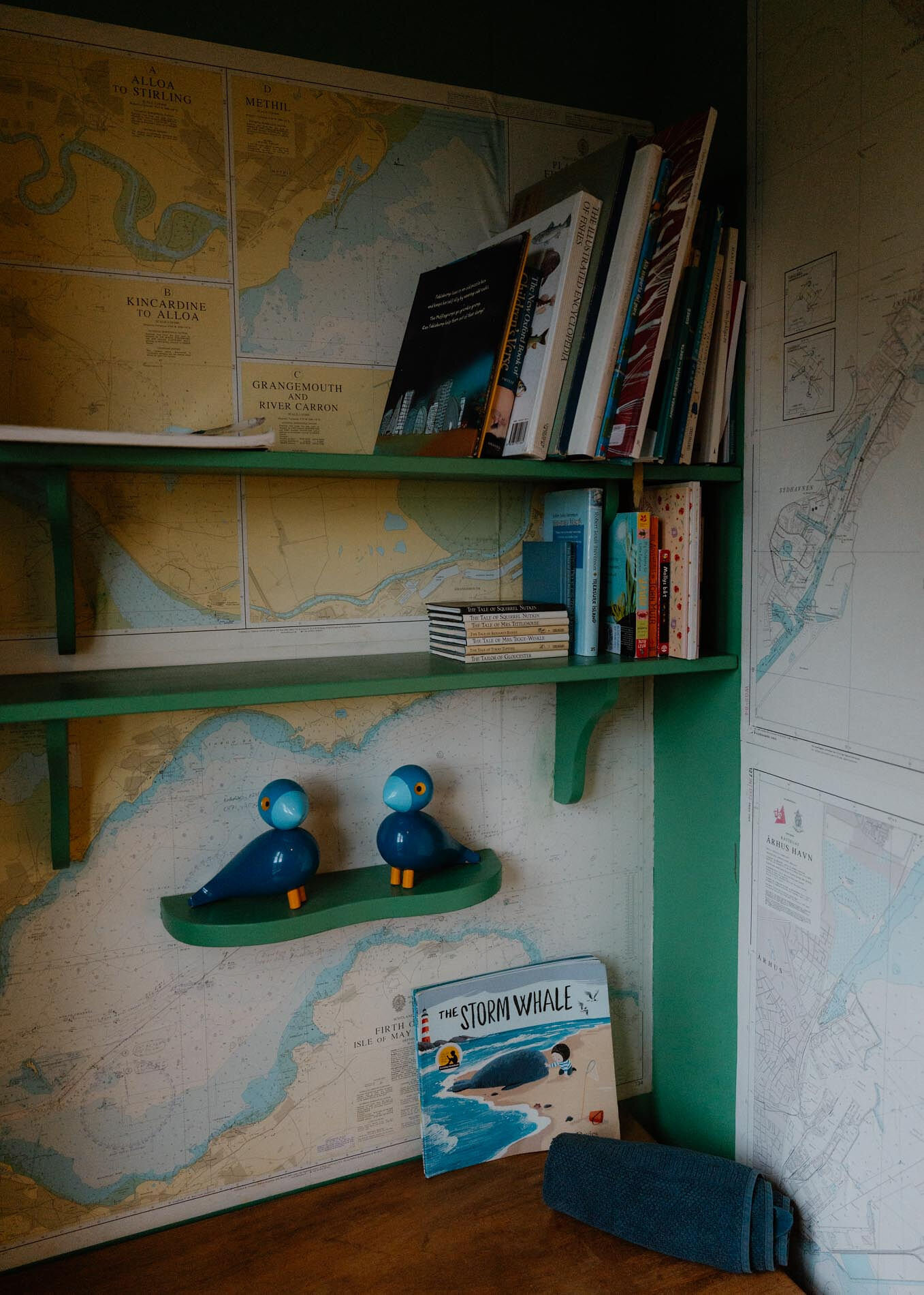 The bunk room corner lined with sea charts, green shelves of children's books and two blue wooden birds, The Storm Whale propped below.