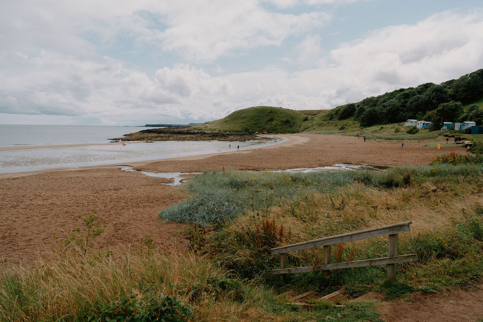 A sandy beach curves beneath a low grassy headland, a caravan park glimpsed among trees and wooden steps leading down from the dunes.