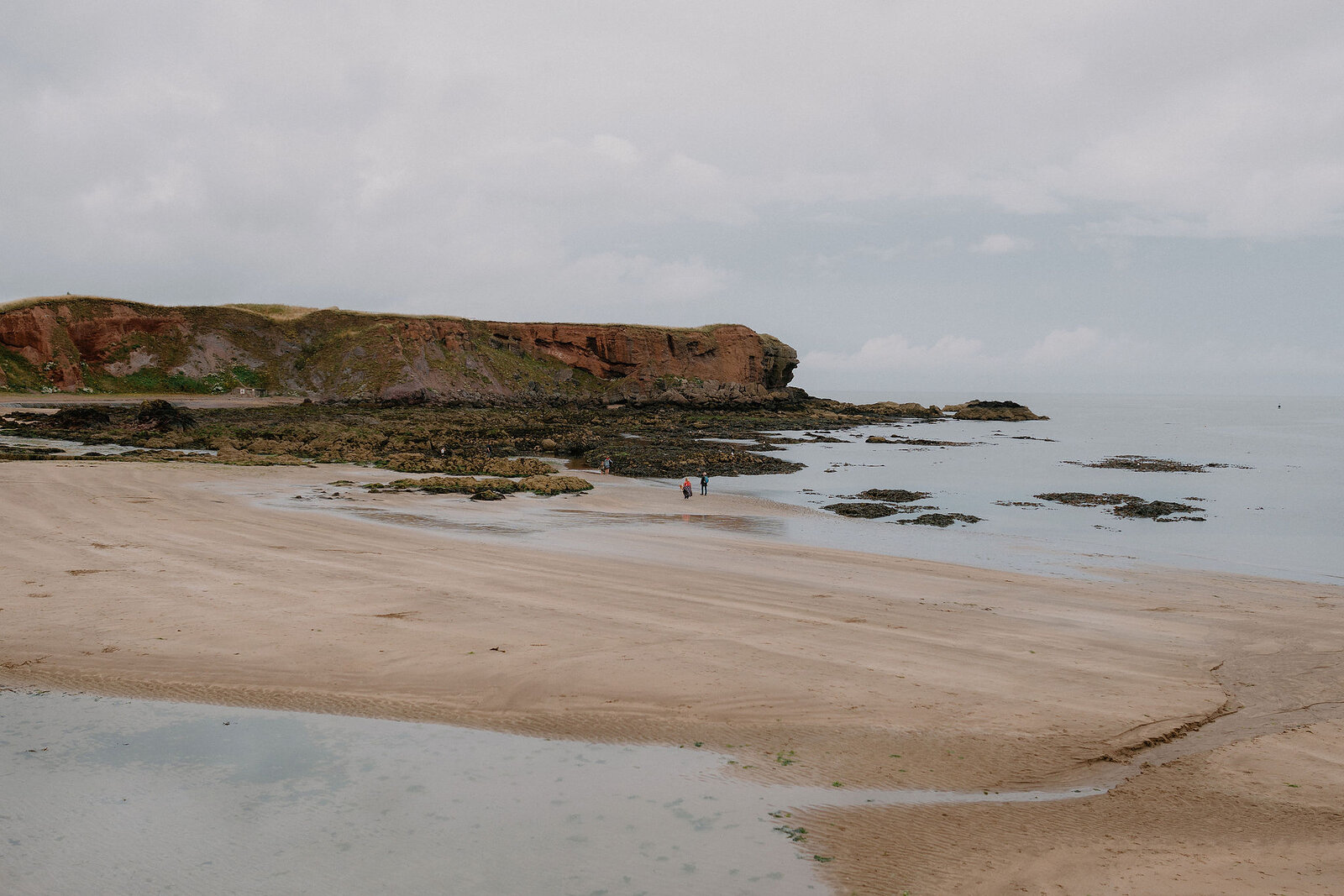 Two figures walk along a sandy beach beneath a red sandstone headland, rock pools and seaweed scattered at the tideline.