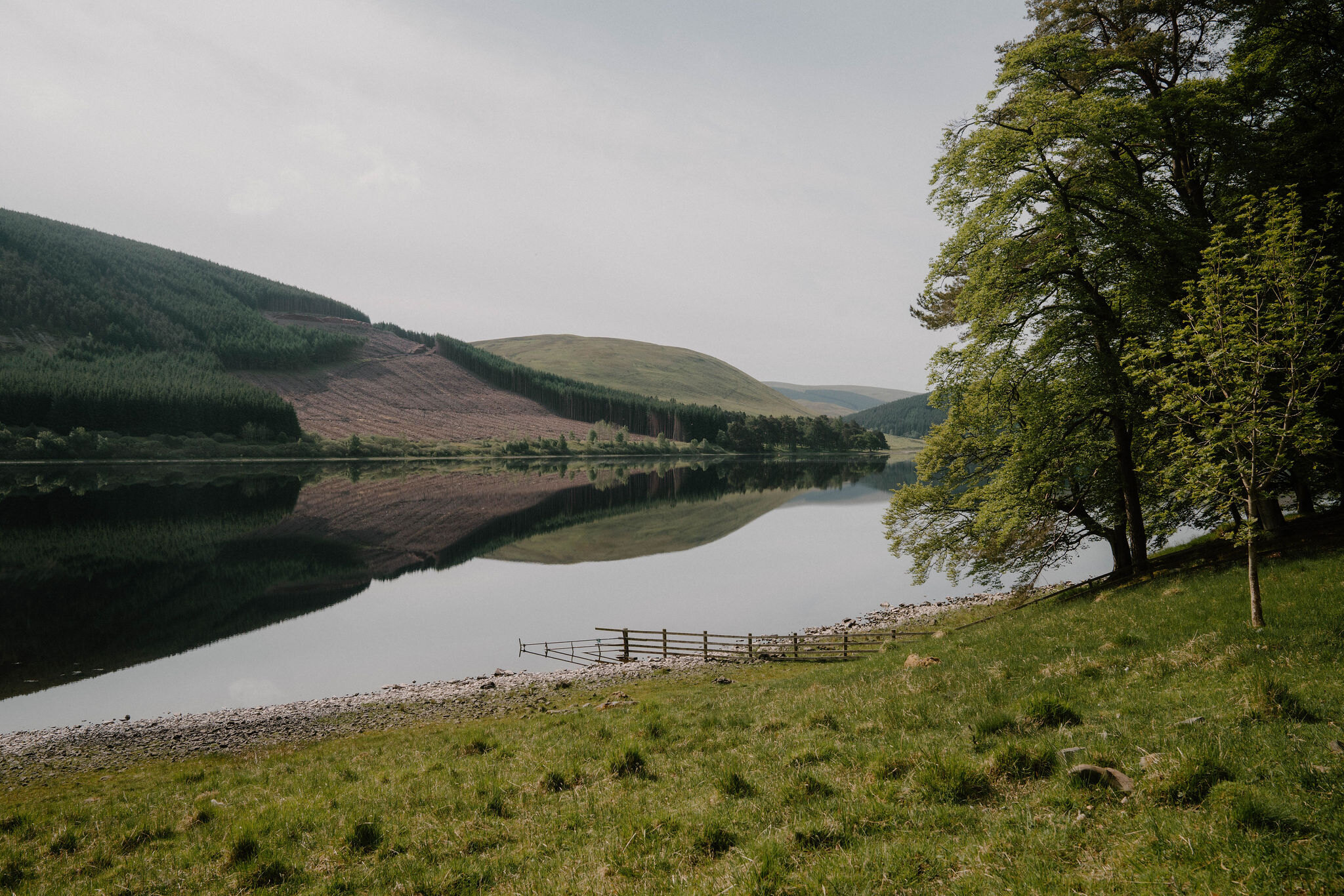 A calm loch reflects wooded hills, a wooden footbridge and fence crossing a stream at the water's edge.