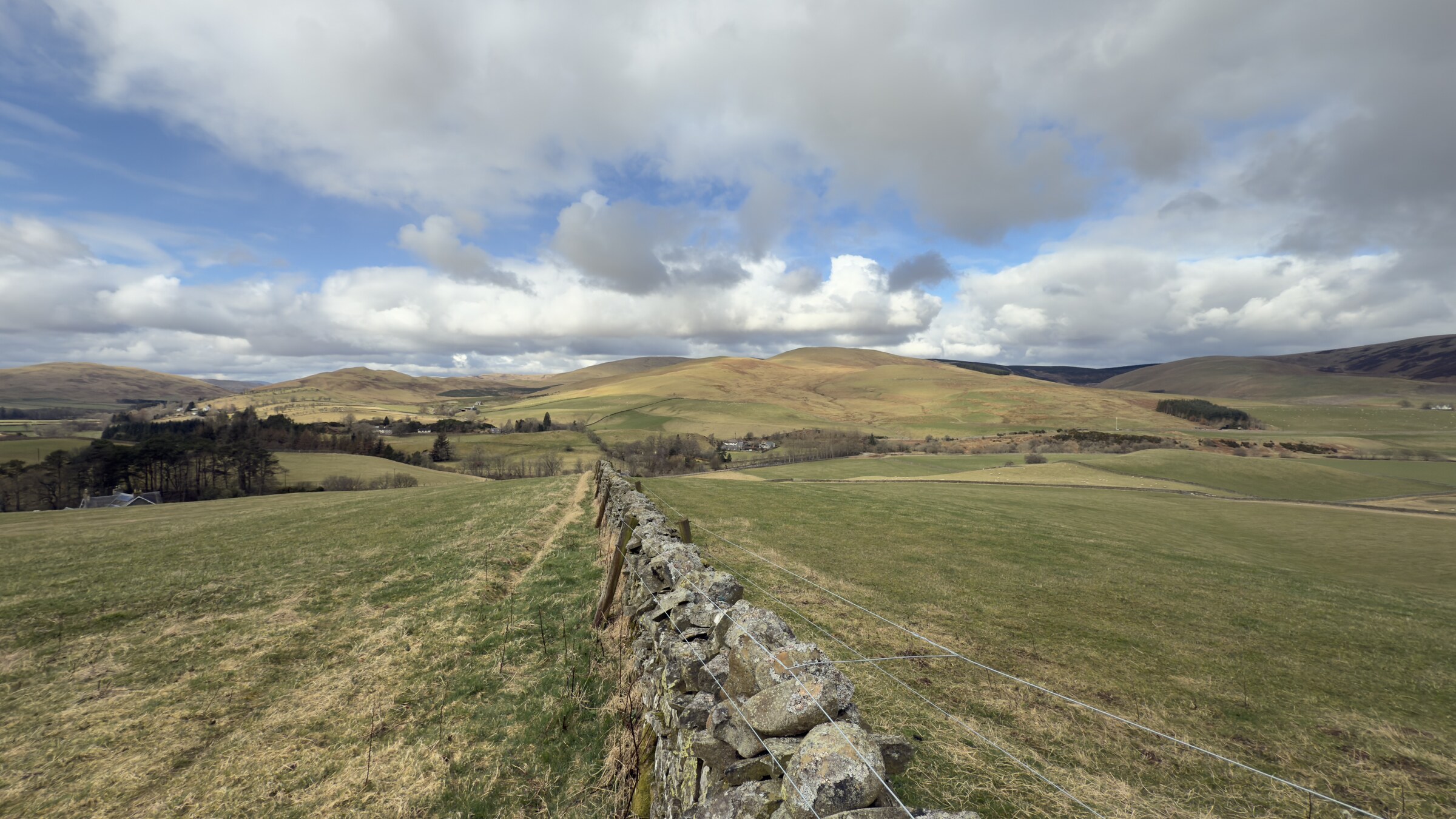 A dry-stone dyke running across rough pasture towards the rounded hills of the Yarrow Valley under a bright, cloudy sky.