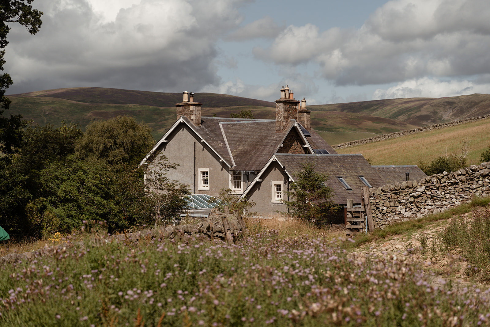 Ladhope Farmhouse, grey stone with tall chimneys, behind a meadow of wildflowers, the hills of the Yarrow Valley rising beyond.
