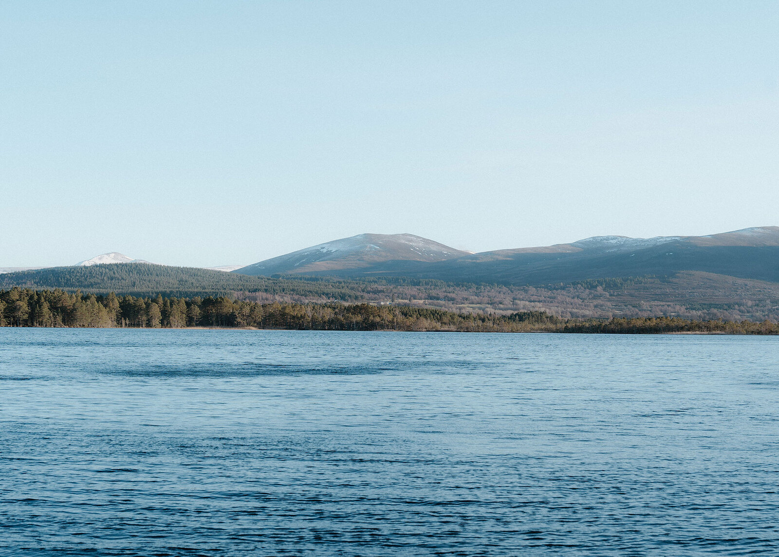 Open loch water under a clear sky, the long ridge of the Cairngorms beyond the forest on the far shore.