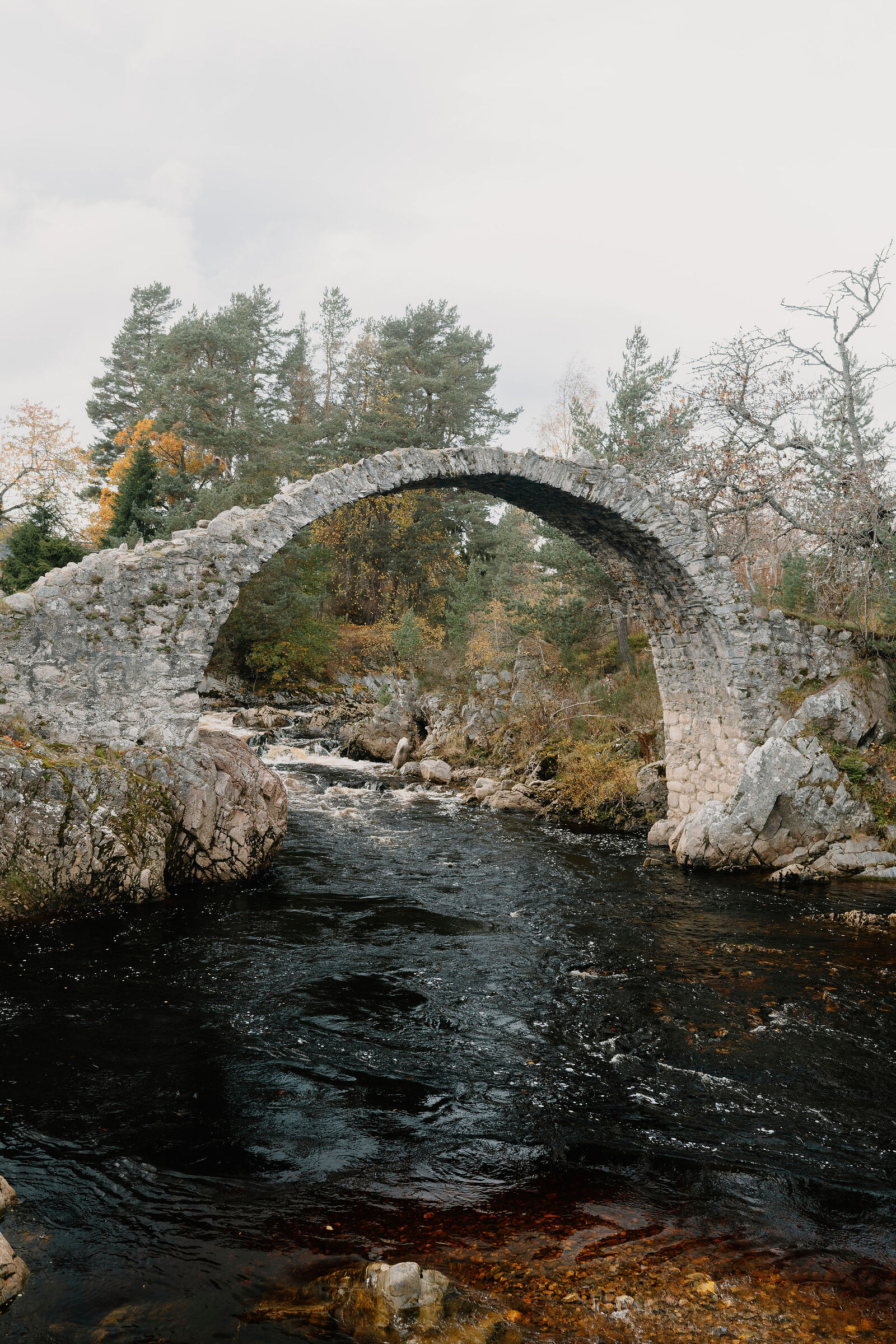 A stone humpback bridge arching high over a river, its reflection breaking across shallow rapids beneath, with autumn trees crowding both banks.