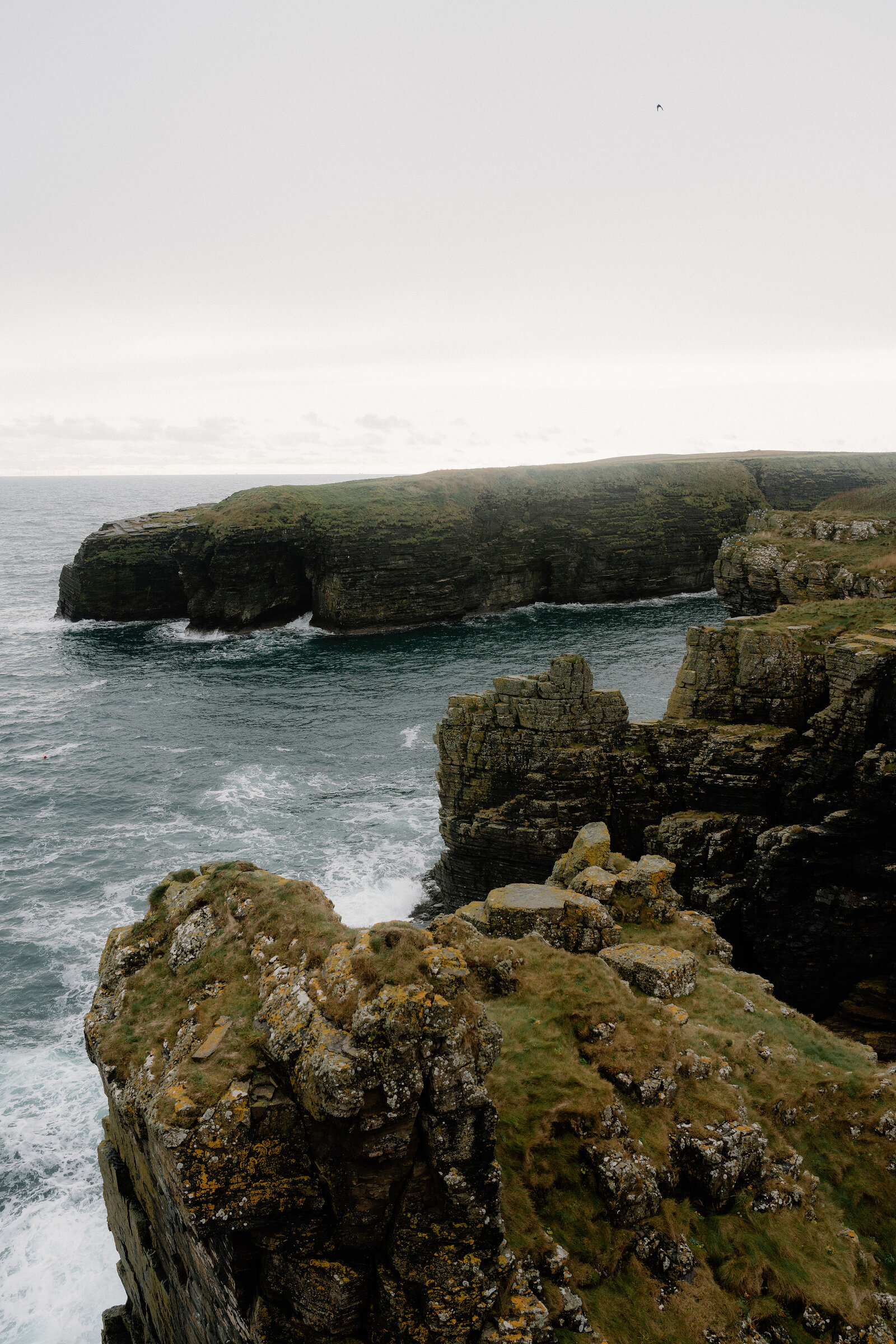 Layered sea cliffs curve around a rocky inlet, waves breaking white below grassy headlands.