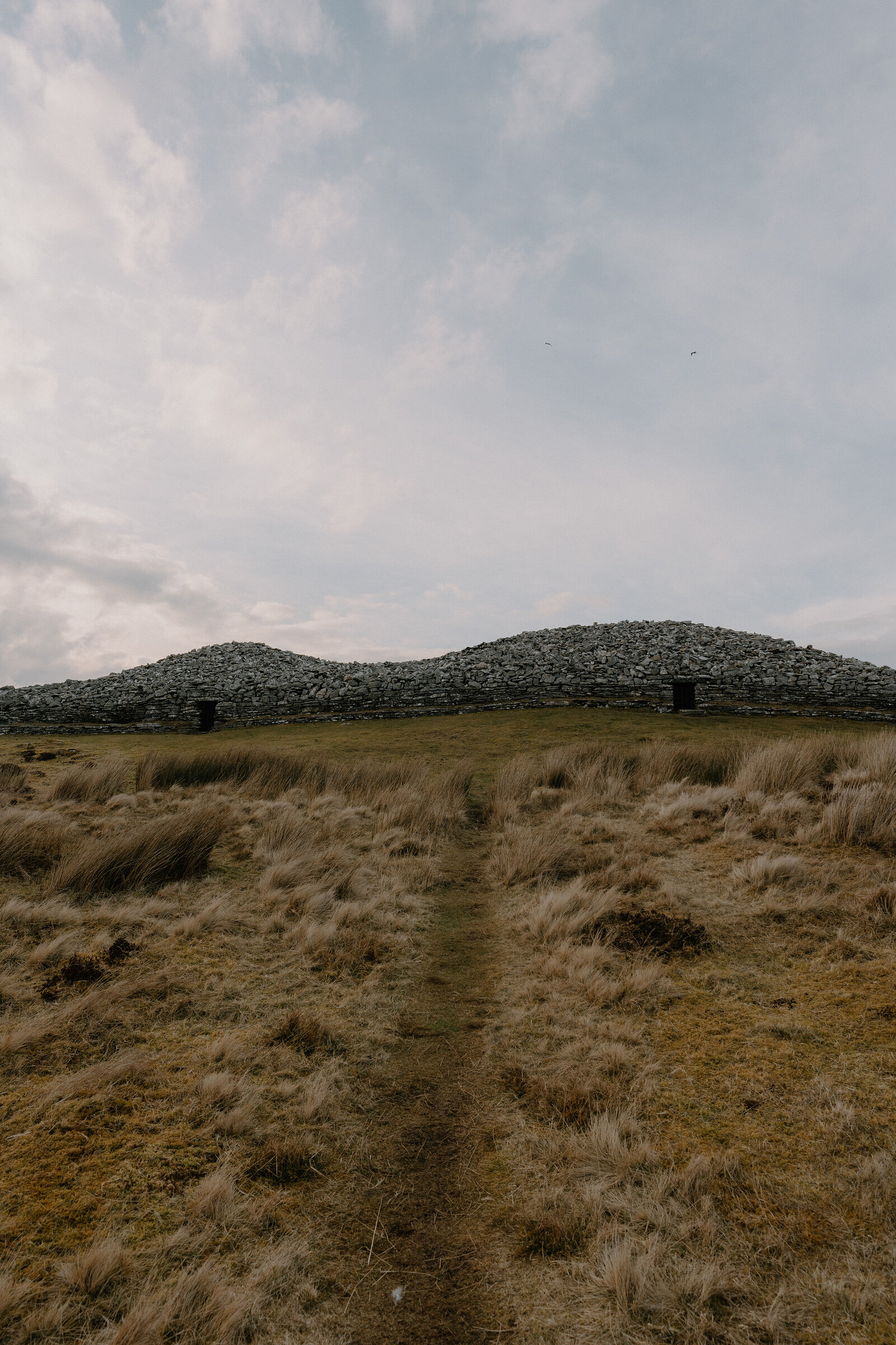 A long chambered cairn of stacked stone rises from open moorland, a grass path leading between low entrance chambers.
