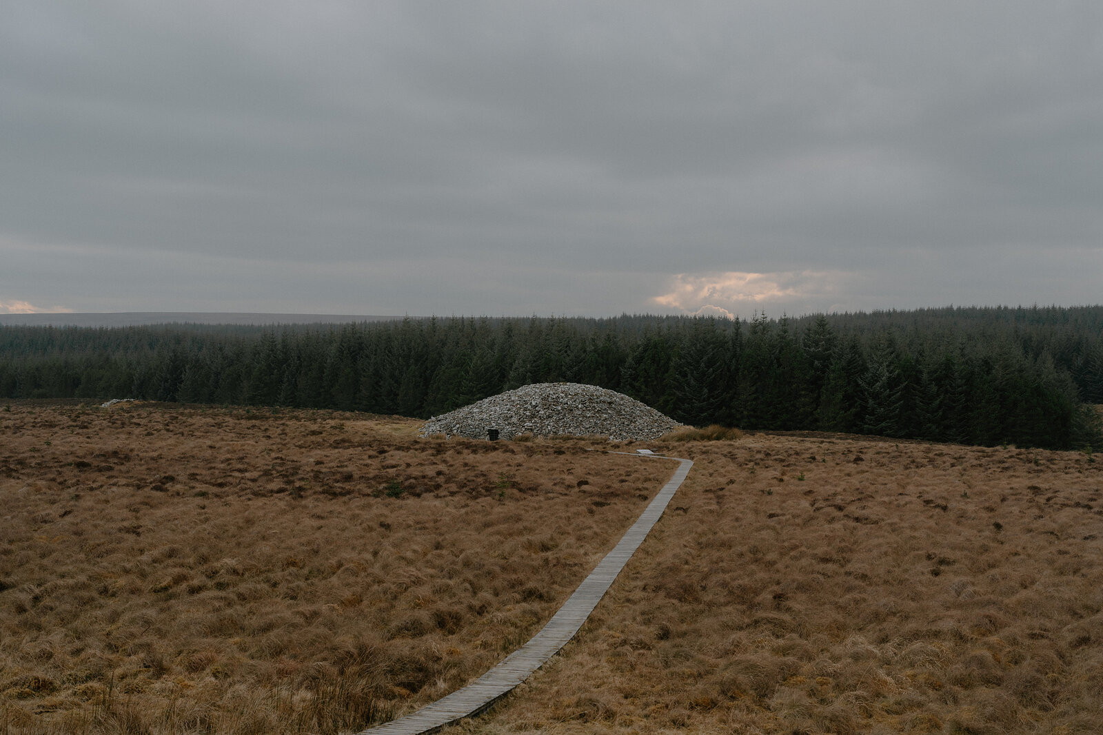 A wooden boardwalk crosses open moorland towards a large chambered cairn, dense forest lining the horizon under a grey sky.