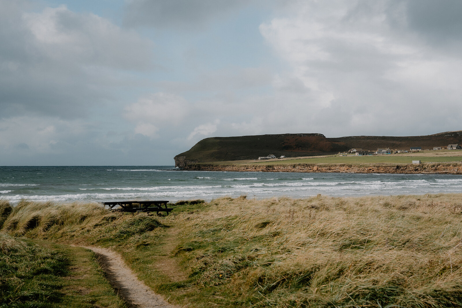 A wooden bench stands on a grassy dune above a sandy beach curving toward a headland, waves breaking along the shore.