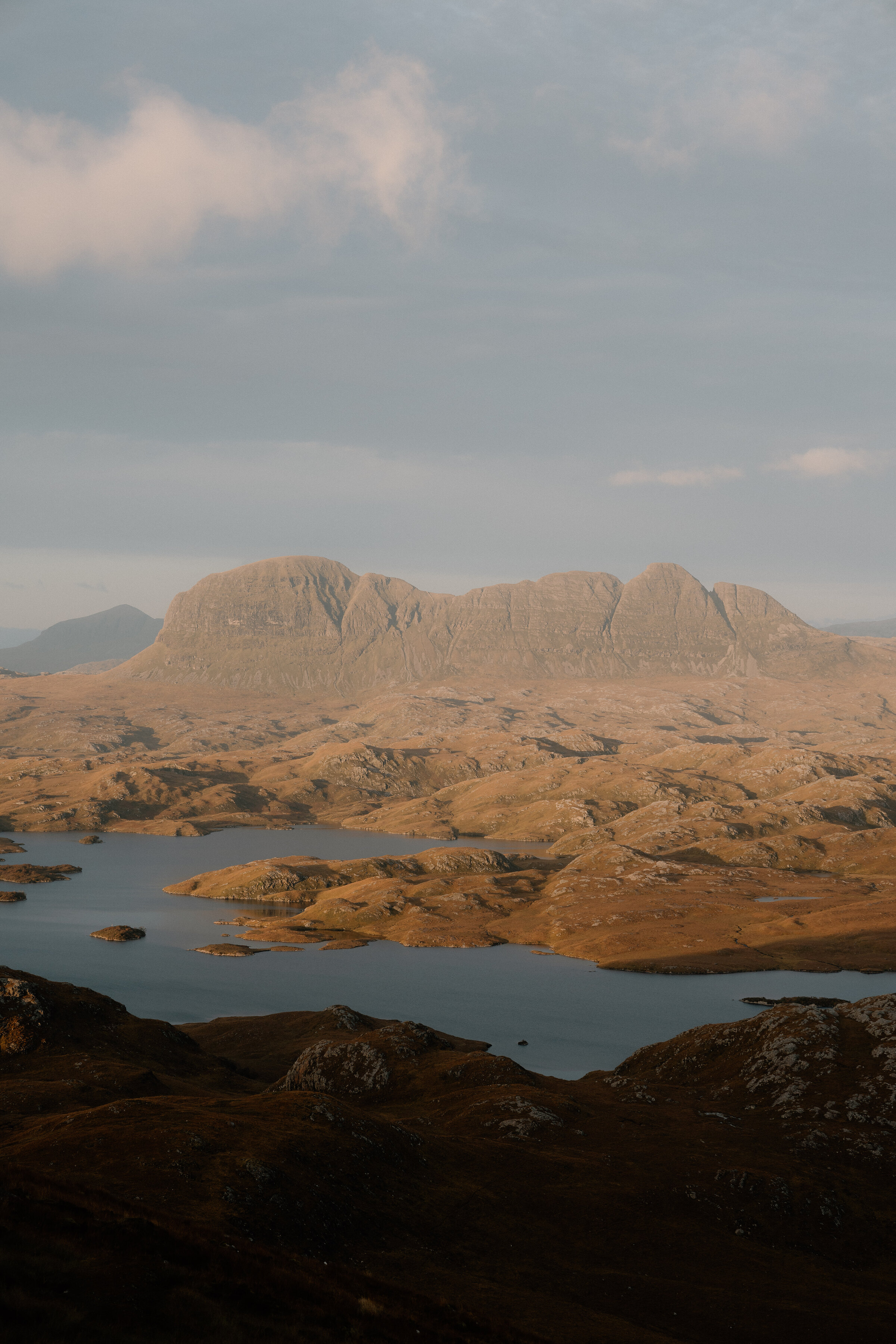 Evening light on the sandstone and lochans around Stac Pollaidh, in Coigach.