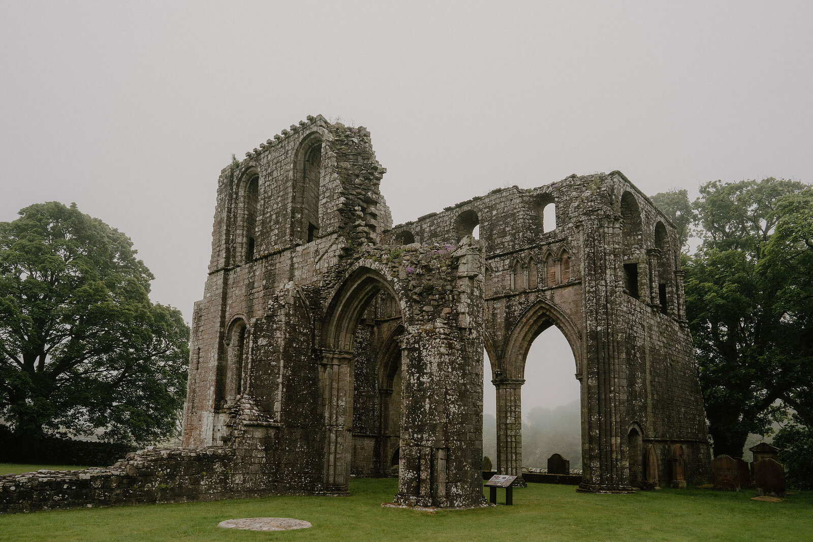 The ruined red sandstone walls and Gothic arches of an abbey stand in mist, trees and gravestones surrounding the lawn.