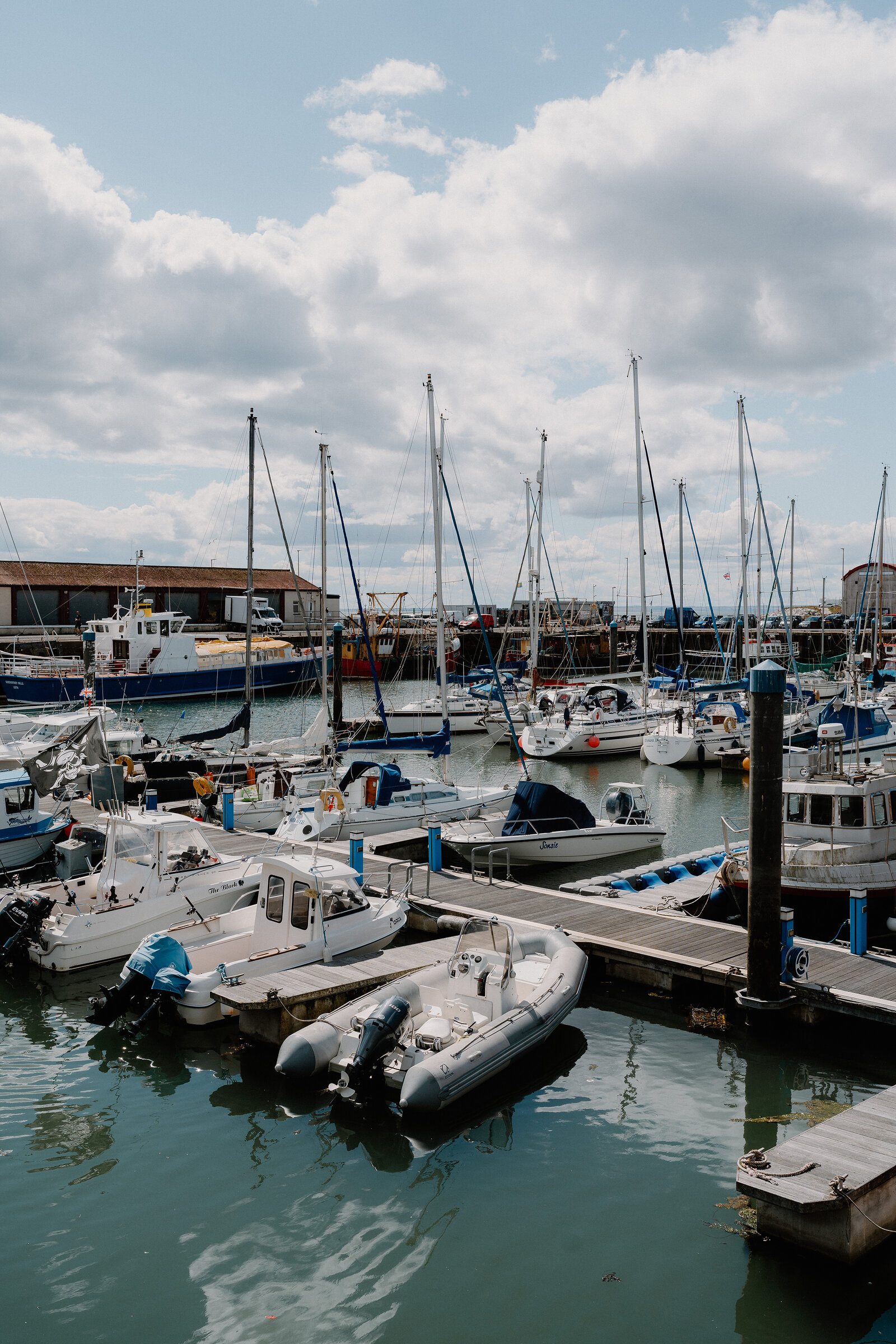 Rows of sailing boats and rigid inflatable dinghies fill a marina, masts rising against a partly clouded sky.