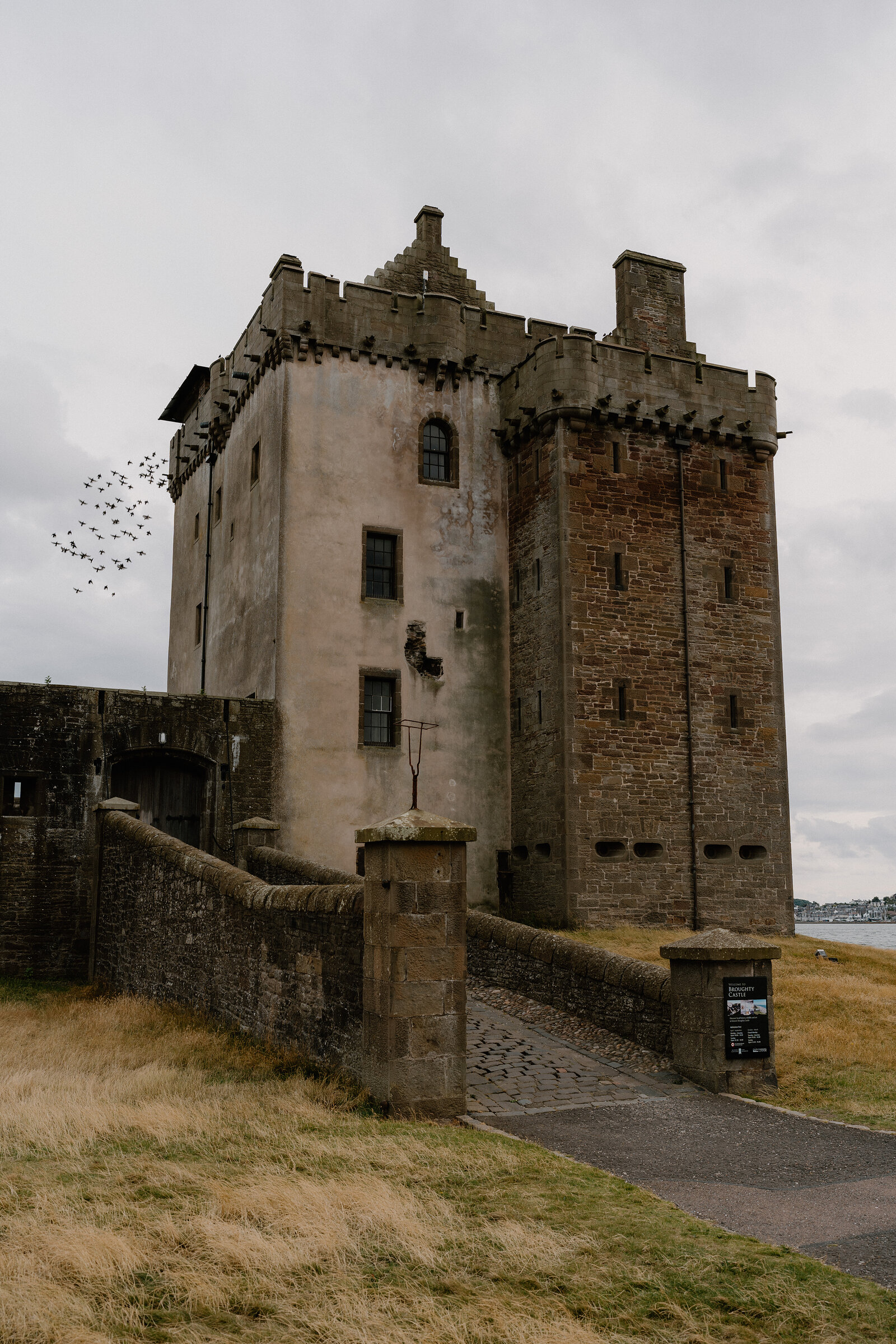 A rendered stone tower castle with battlements and corbelled gables rises behind a fortified wall, a flock of birds flying past.