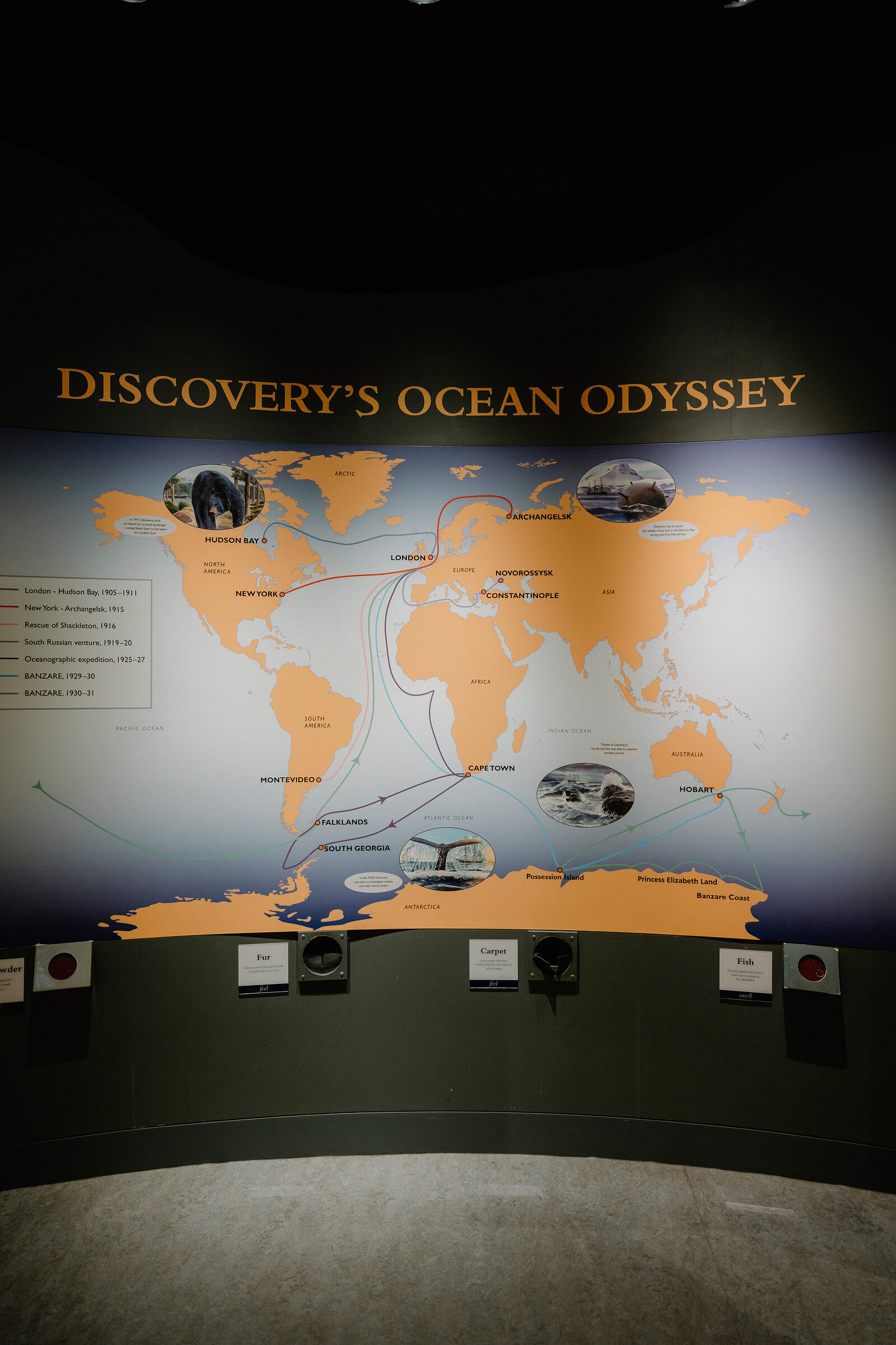 A wall map titled "Discovery's Ocean Odyssey" traces a ship's voyages across the globe with coloured routes and small photographs.