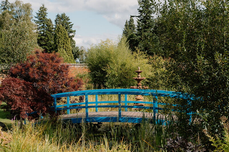 A blue-painted arched footbridge crosses a garden pond, a stone fountain playing behind it among a Japanese maple and weeping willow.