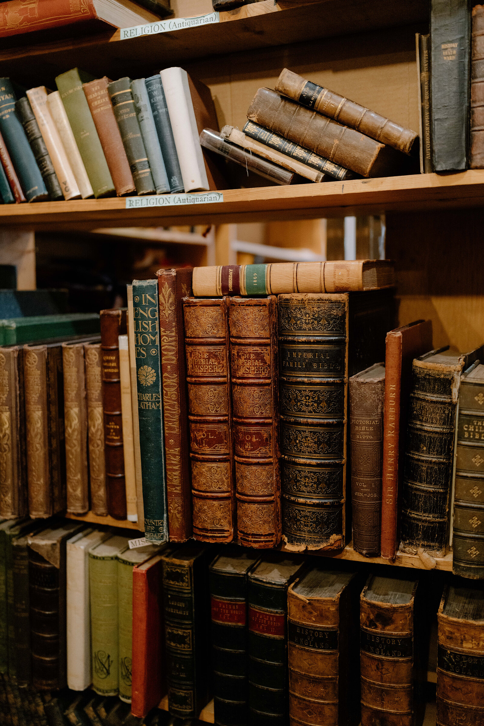 Antiquarian religious volumes in worn leather bindings line a bookshop shelf.