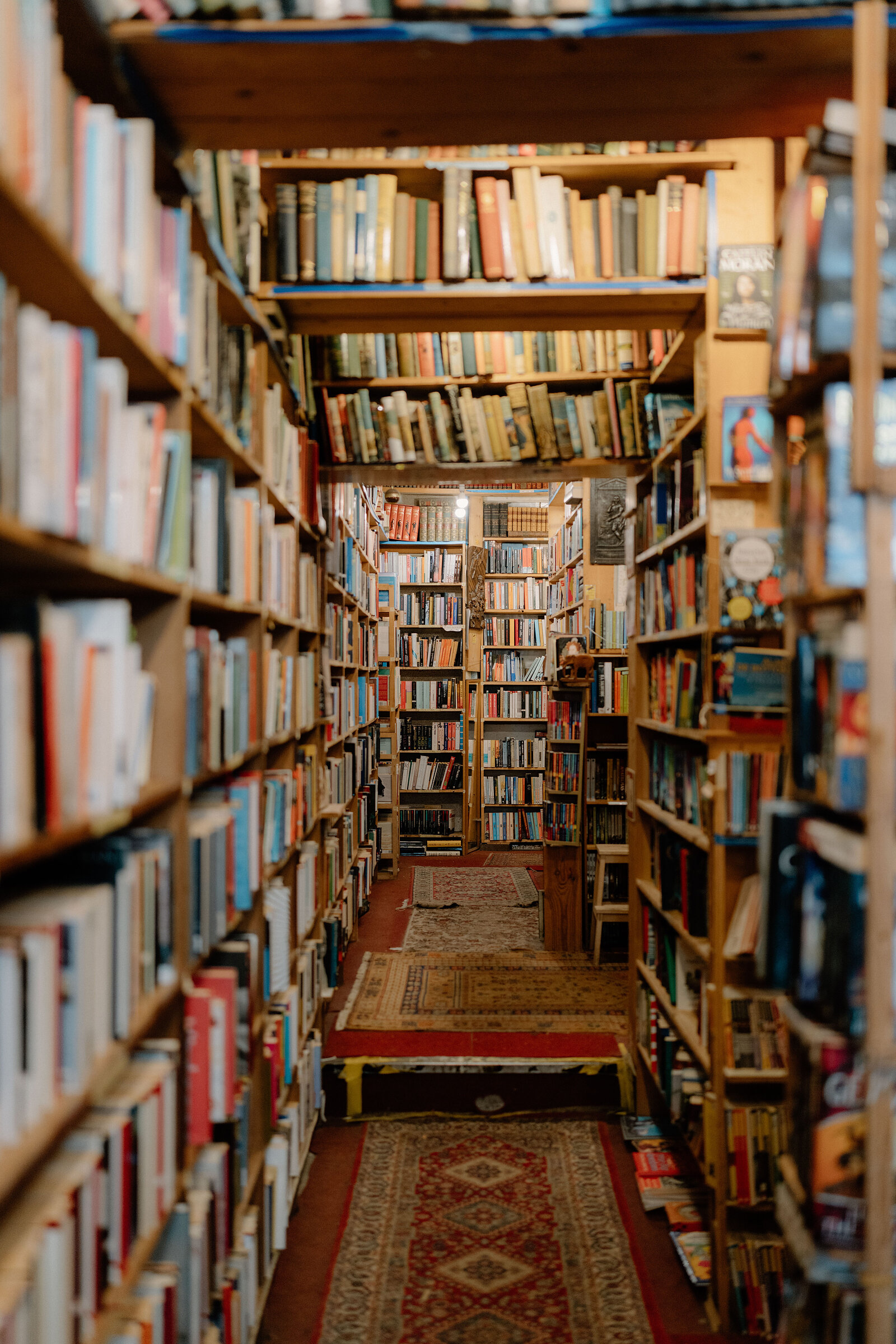 Patterned rugs run along a narrow aisle between crowded bookshelves.