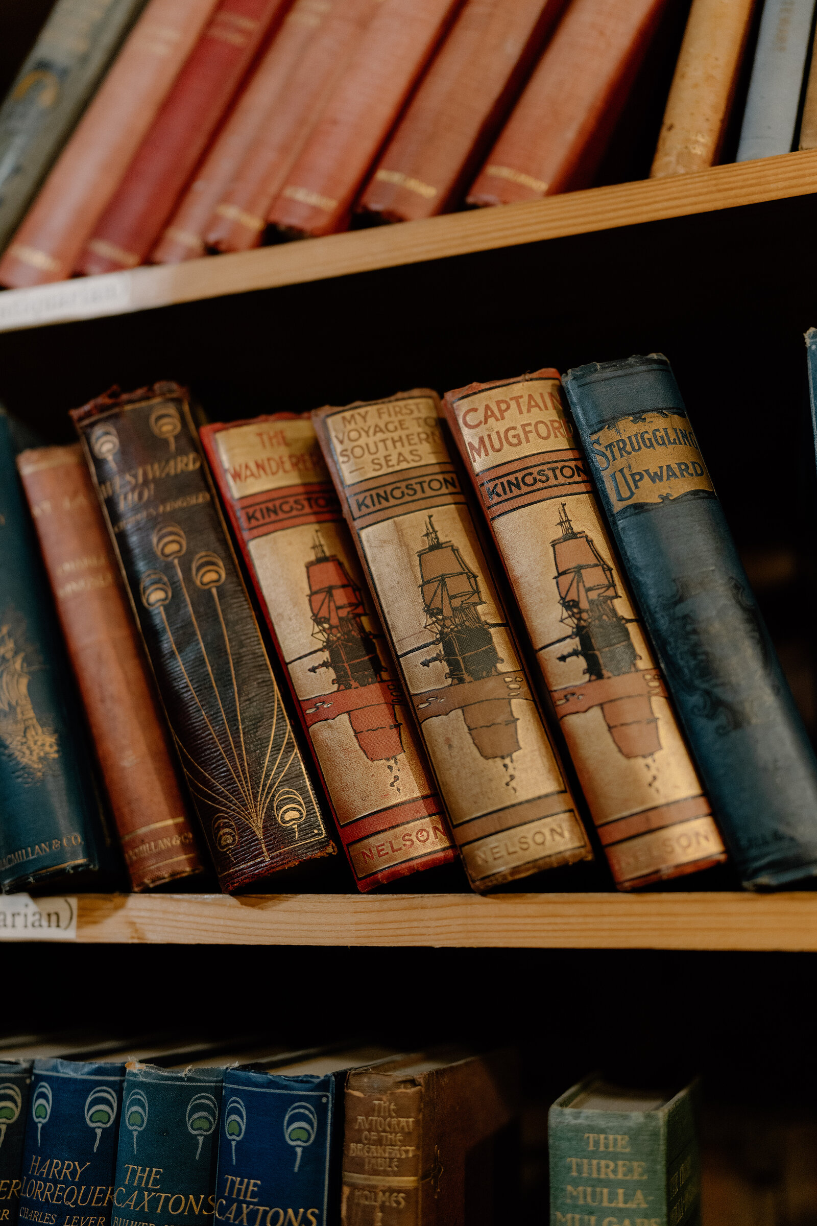 Tightly packed antique bookshelves with illustrated adventure titles above a run of modern hardbacks