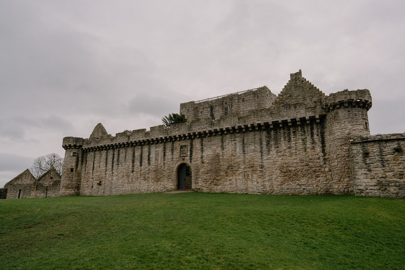 A ruined stone castle with crenellated battlements stands behind a stretch of green lawn.