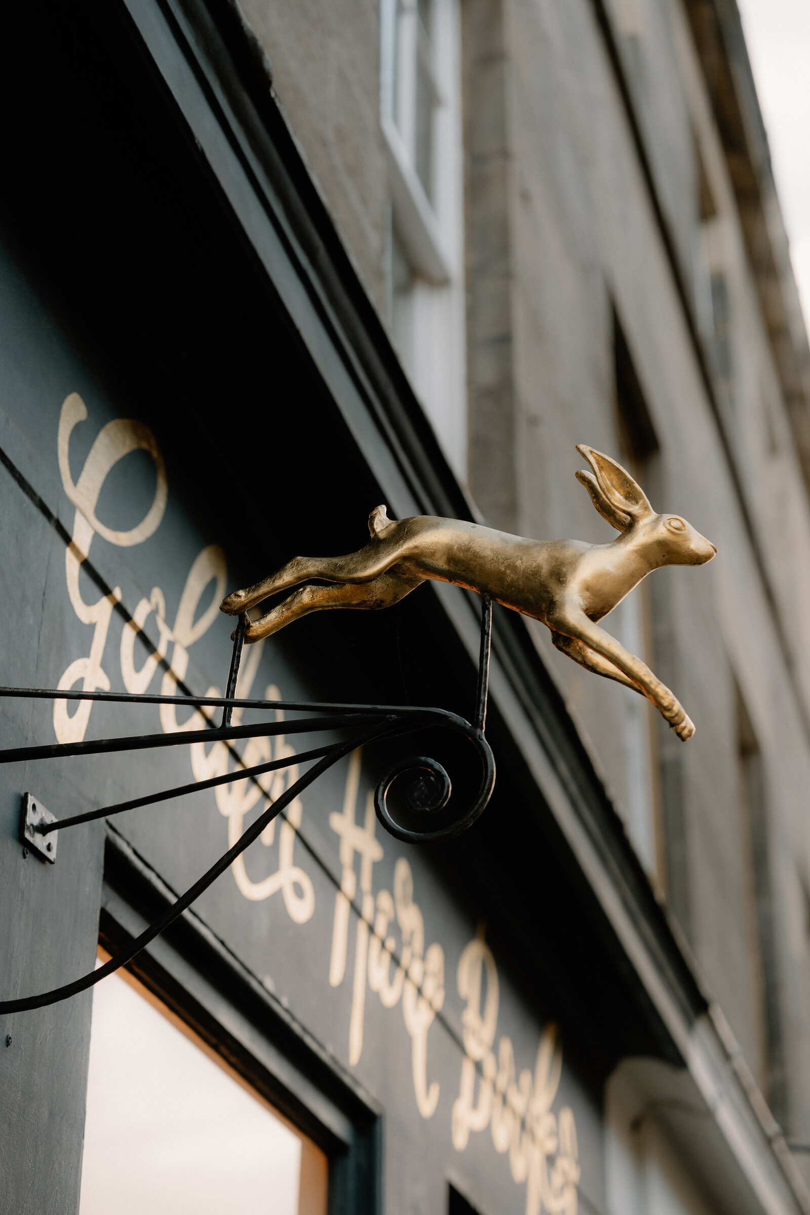 A gilded hare leaps above the sign for Golden Hare Books on an Edinburgh street.