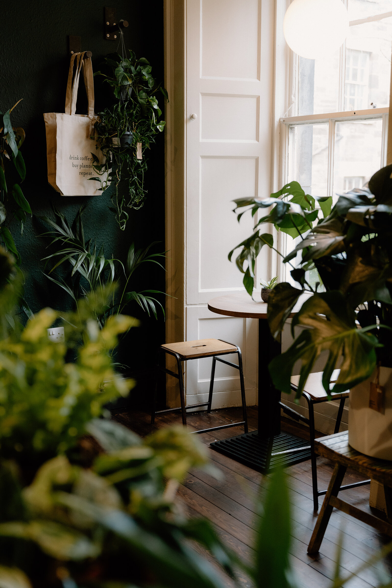 A canvas tote reading 'drink coffee, buy plants, repeat' hangs beside potted plants at grow urban.