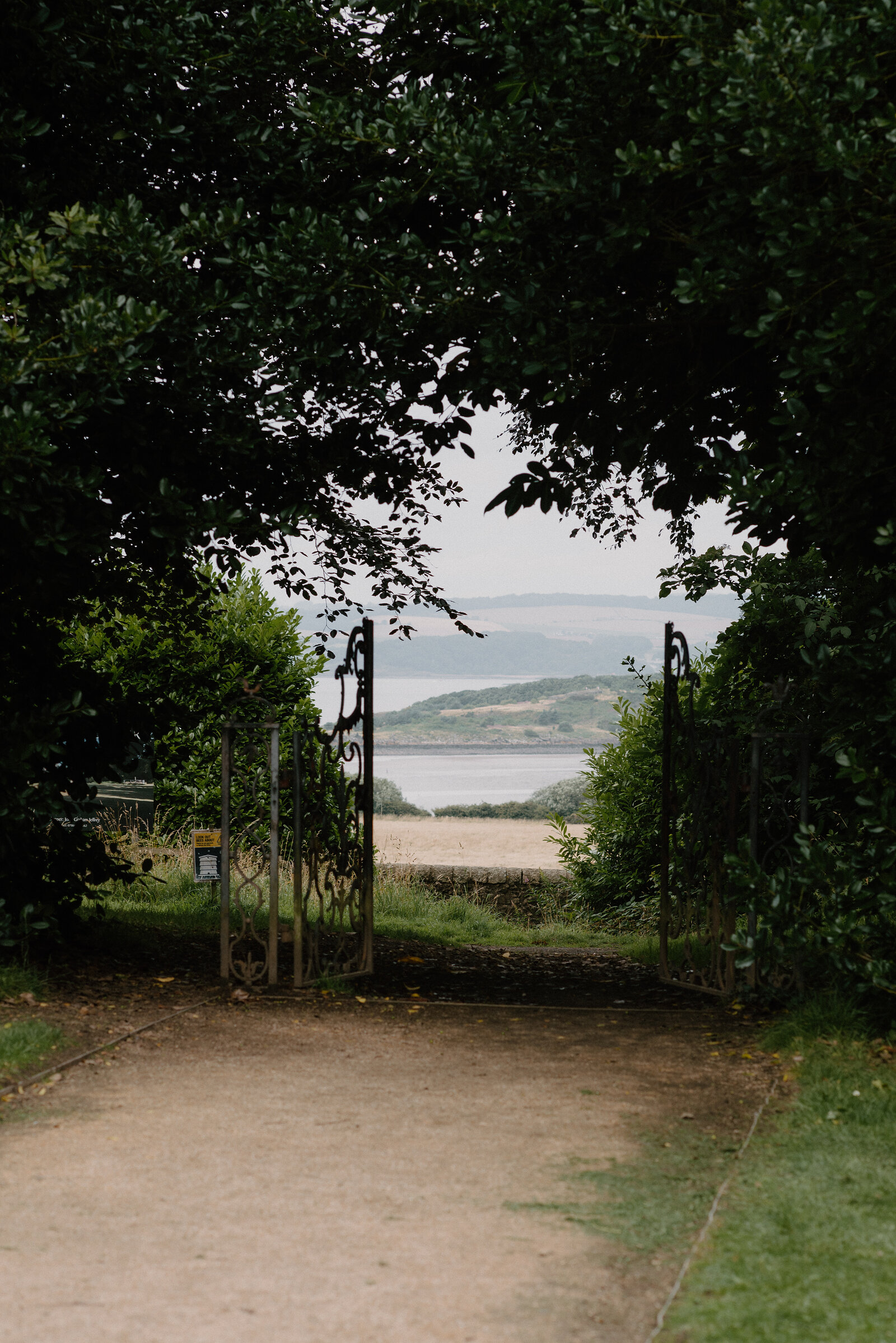 An ornate iron gate beneath a tree tunnel frames a distant view of the Firth of Forth.