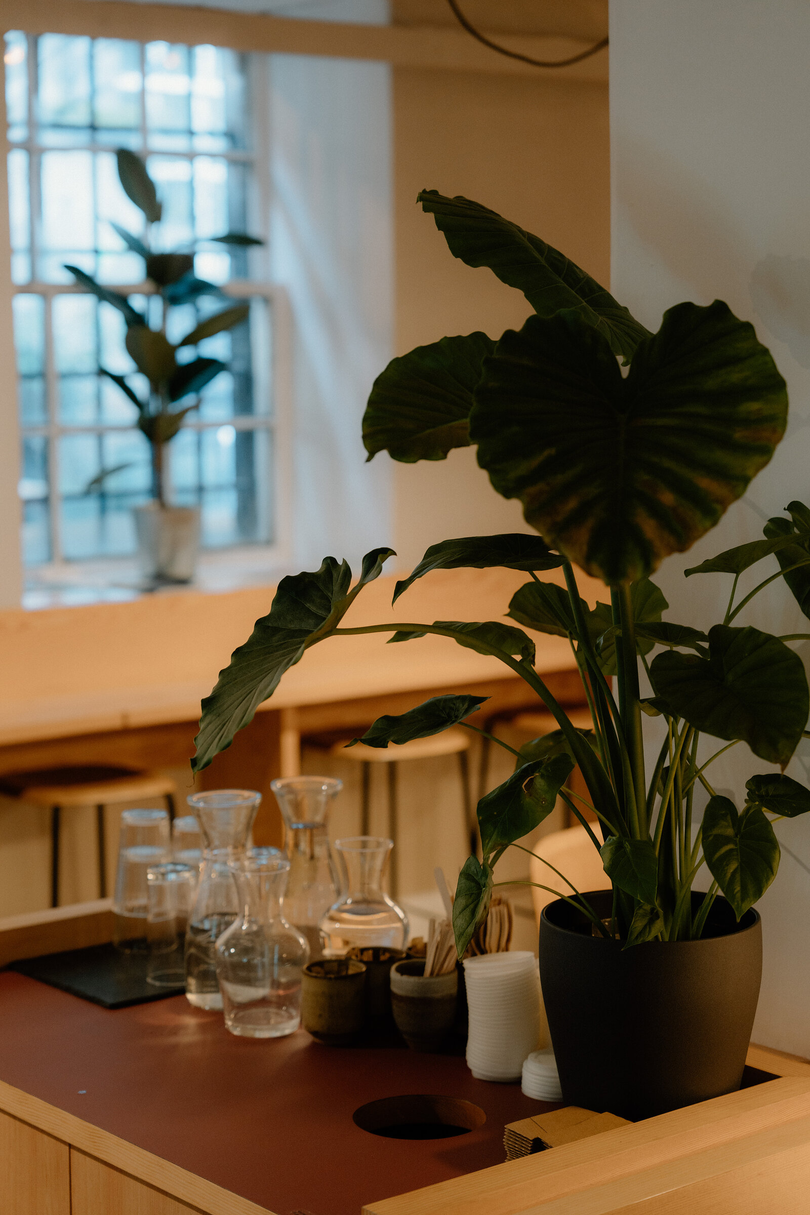 A stone archway framed by sash windows opens onto a cobbled courtyard with a marquee and chimney visible beyond.