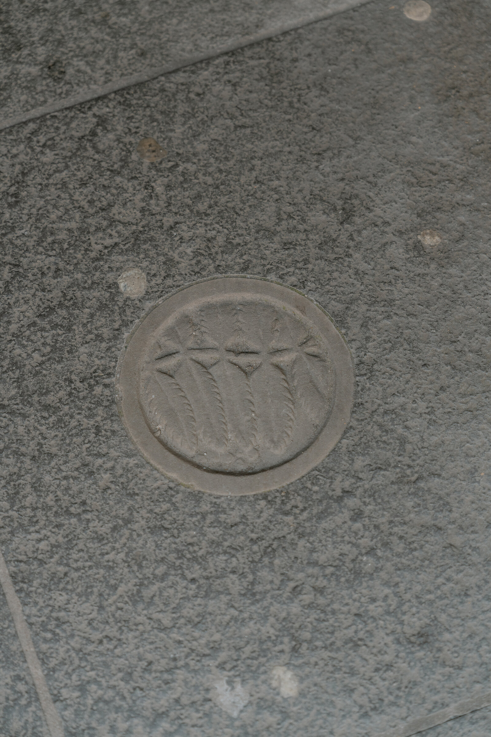 A carved stone roundel of ferns is set into the paving at Riddle's Court