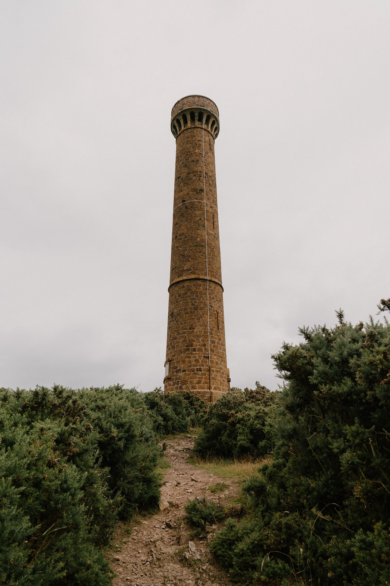 A tall stone tower rises above gorse bushes on a hilltop path.