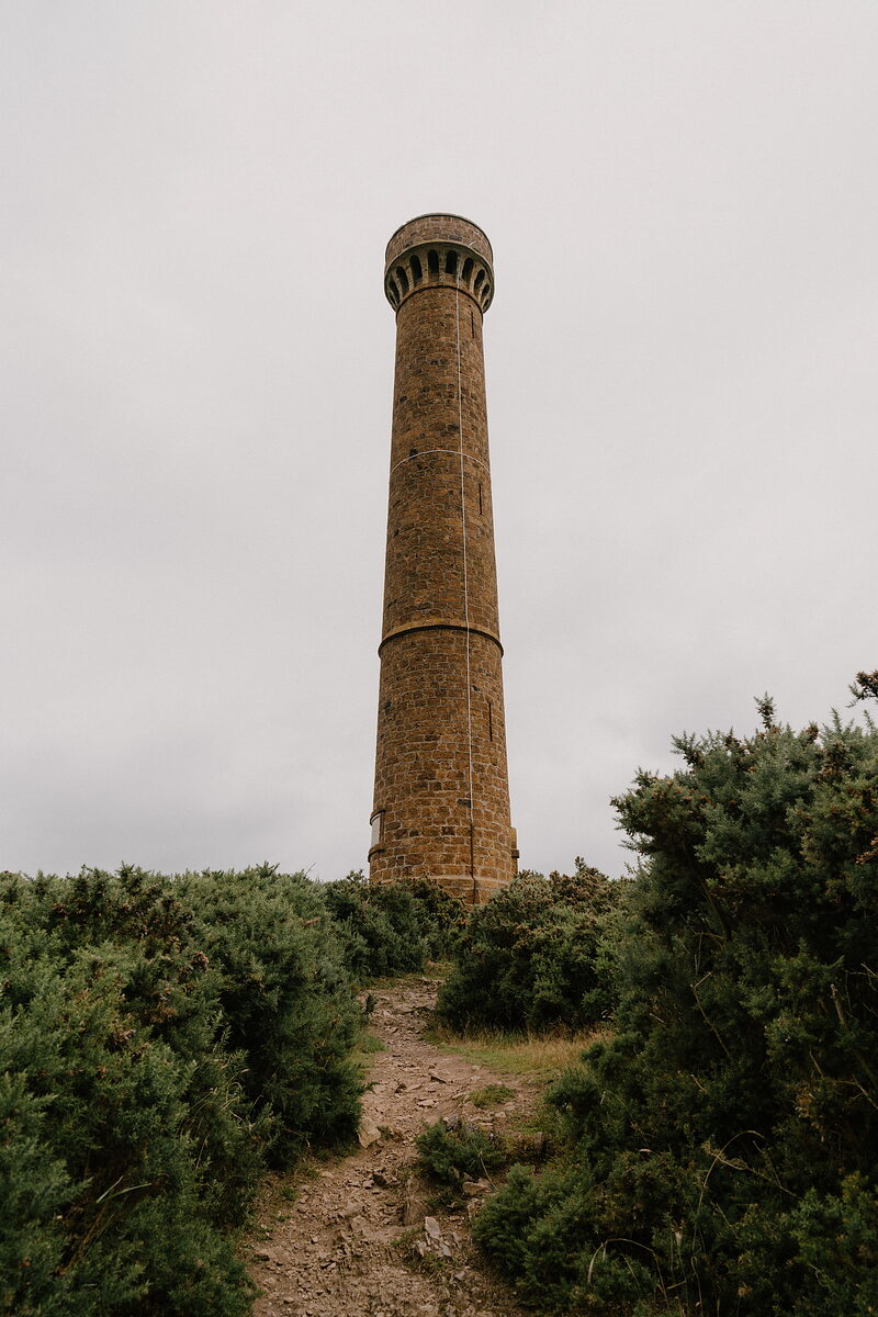 A tall stone tower rises above gorse bushes on a hilltop path.