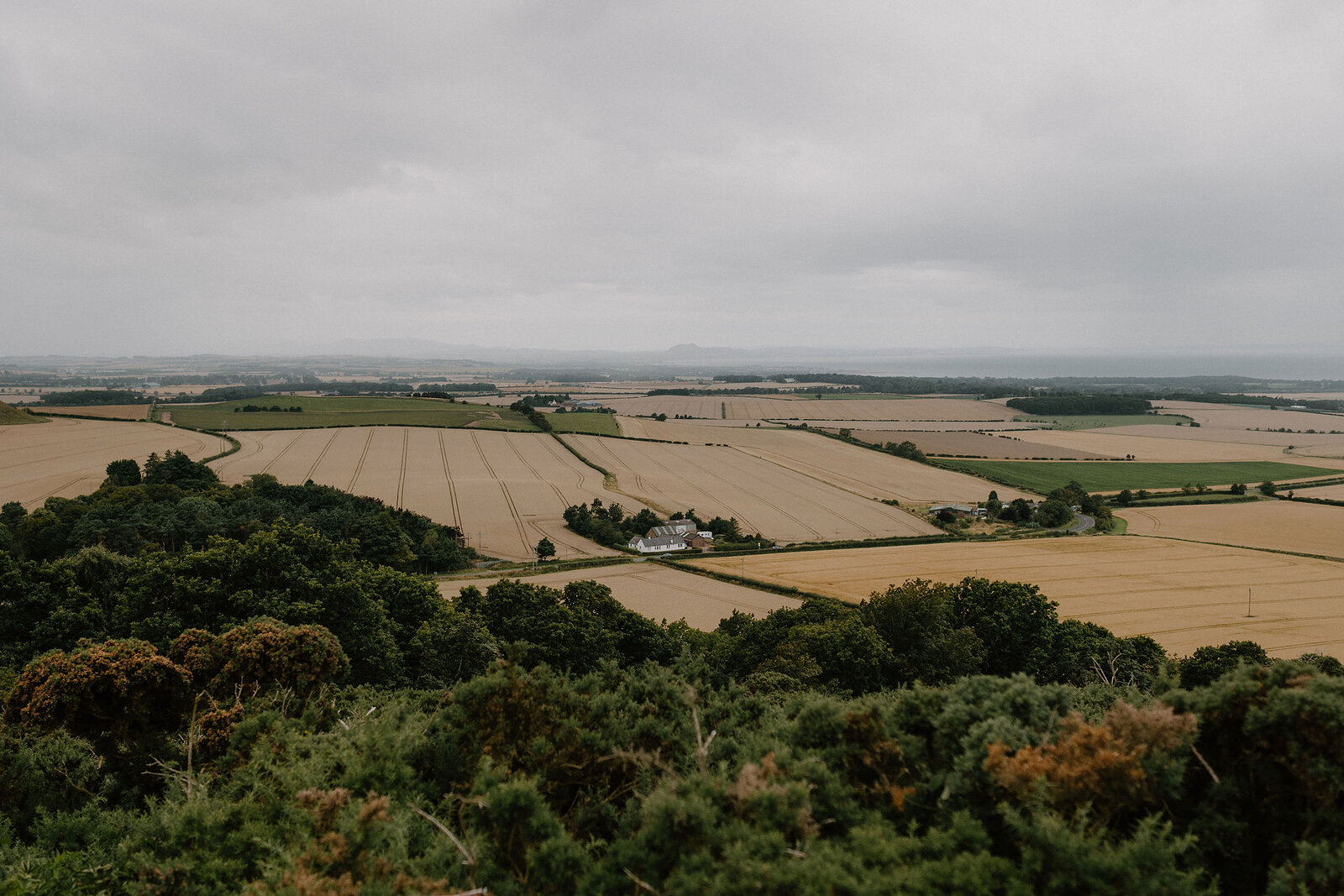 Patchwork fields stretch toward the horizon, a farmhouse visible among the crops.
