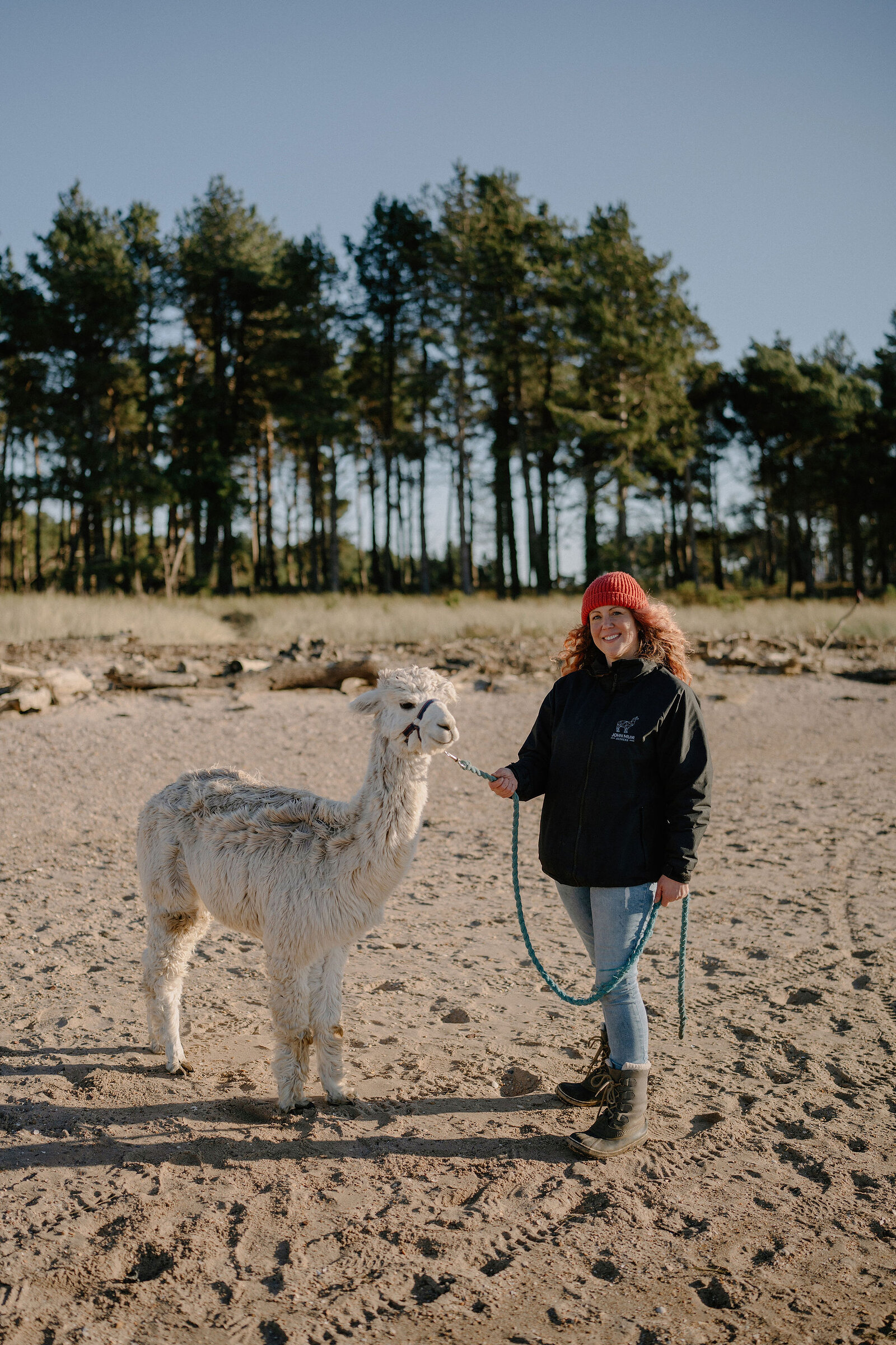 A smiling woman in a red hat stands beside an alpaca on a sandy beach.