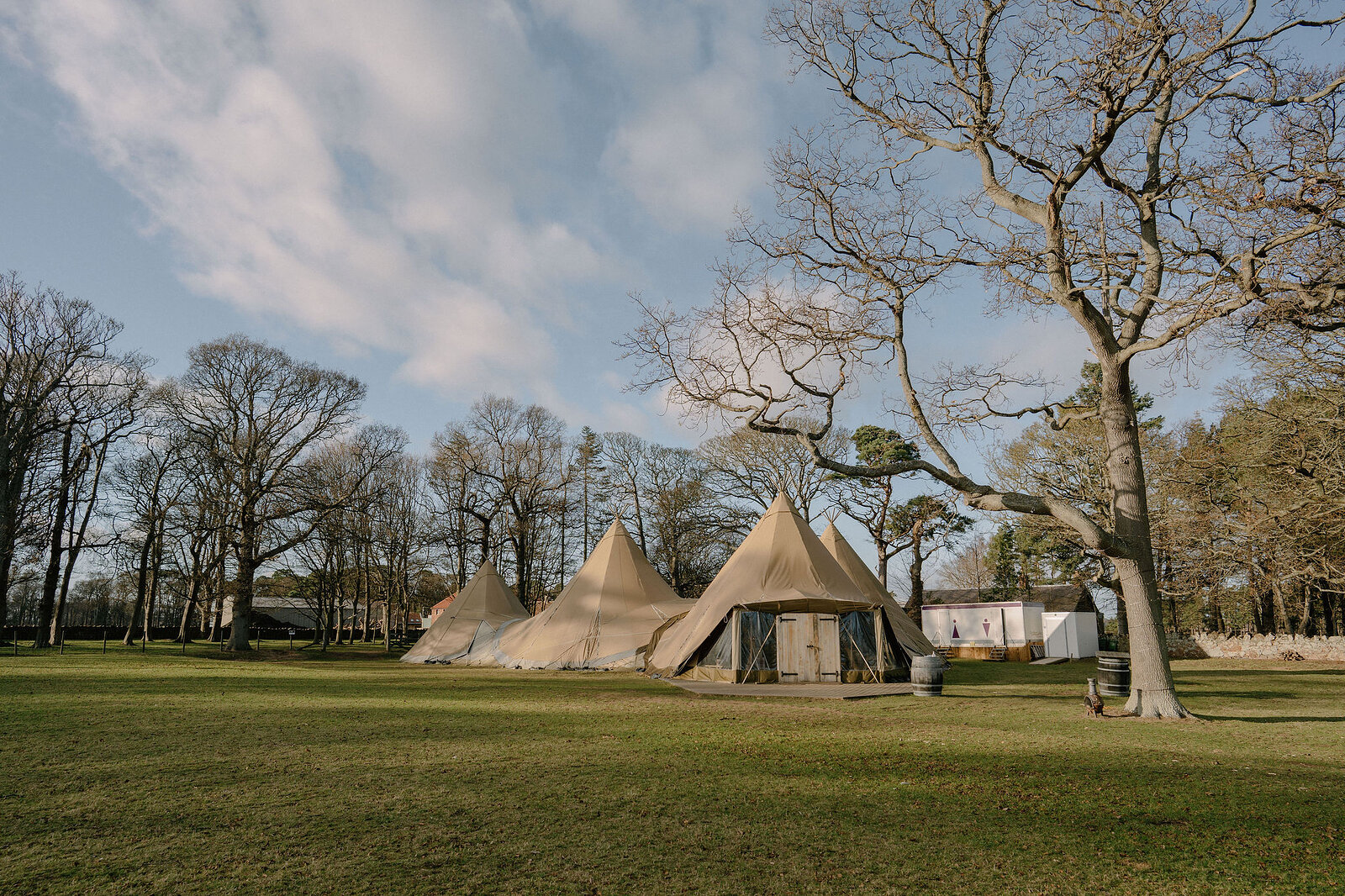 Large canvas tipis stand pitched on a lawn among bare trees.