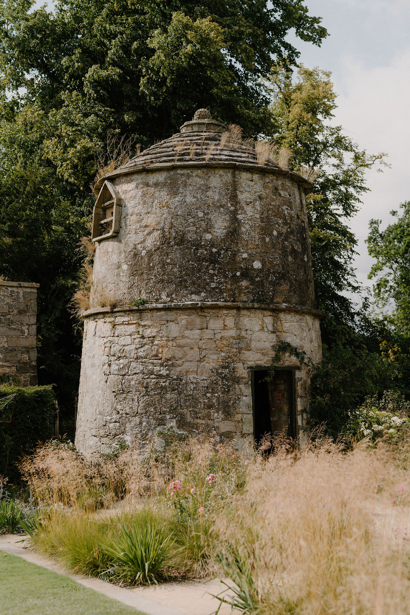 A round stone dovecote with a conical roof stands among tall grasses.