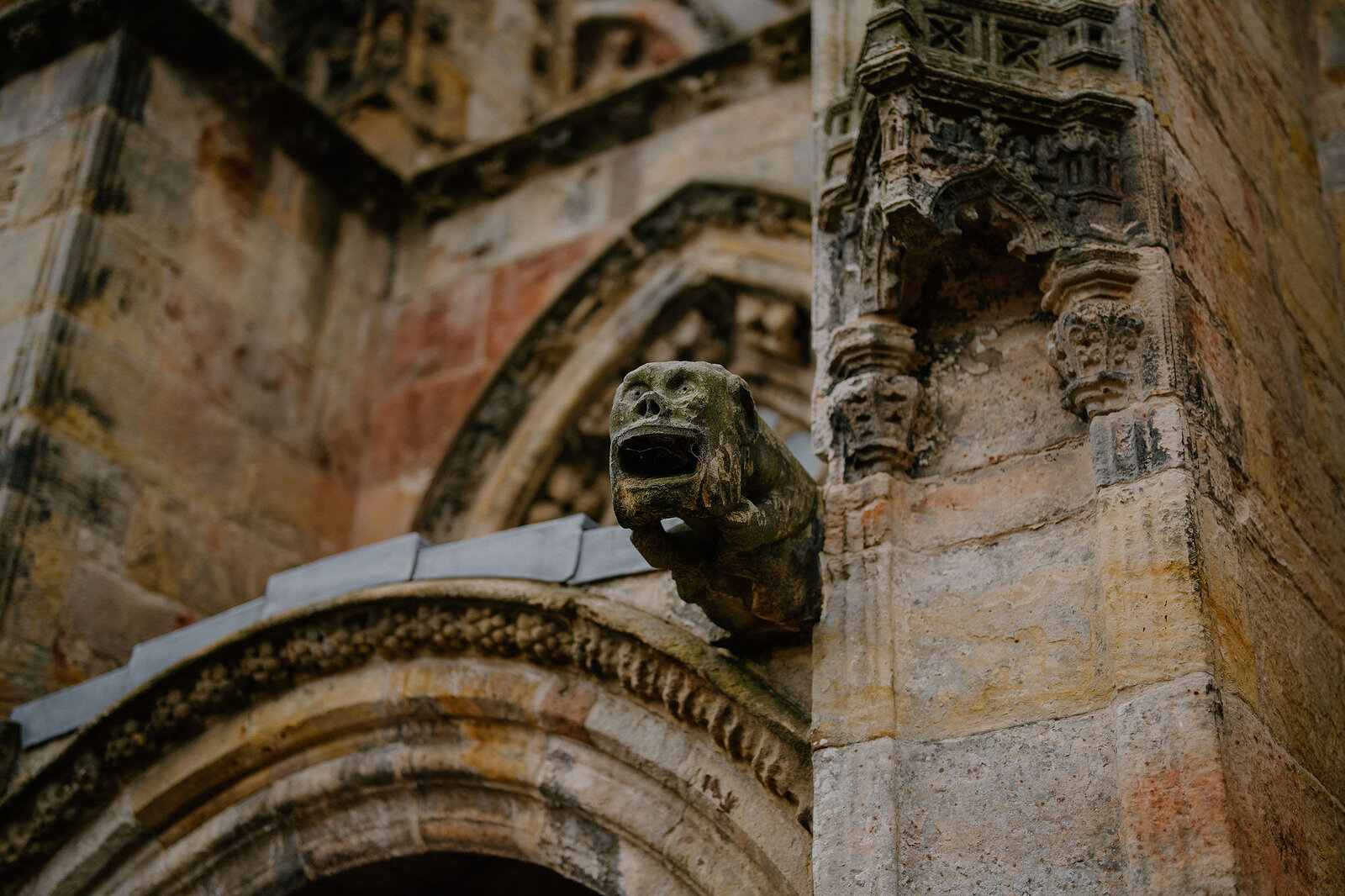A carved gargoyle projects from Rosslyn Chapel's ornamented stonework.