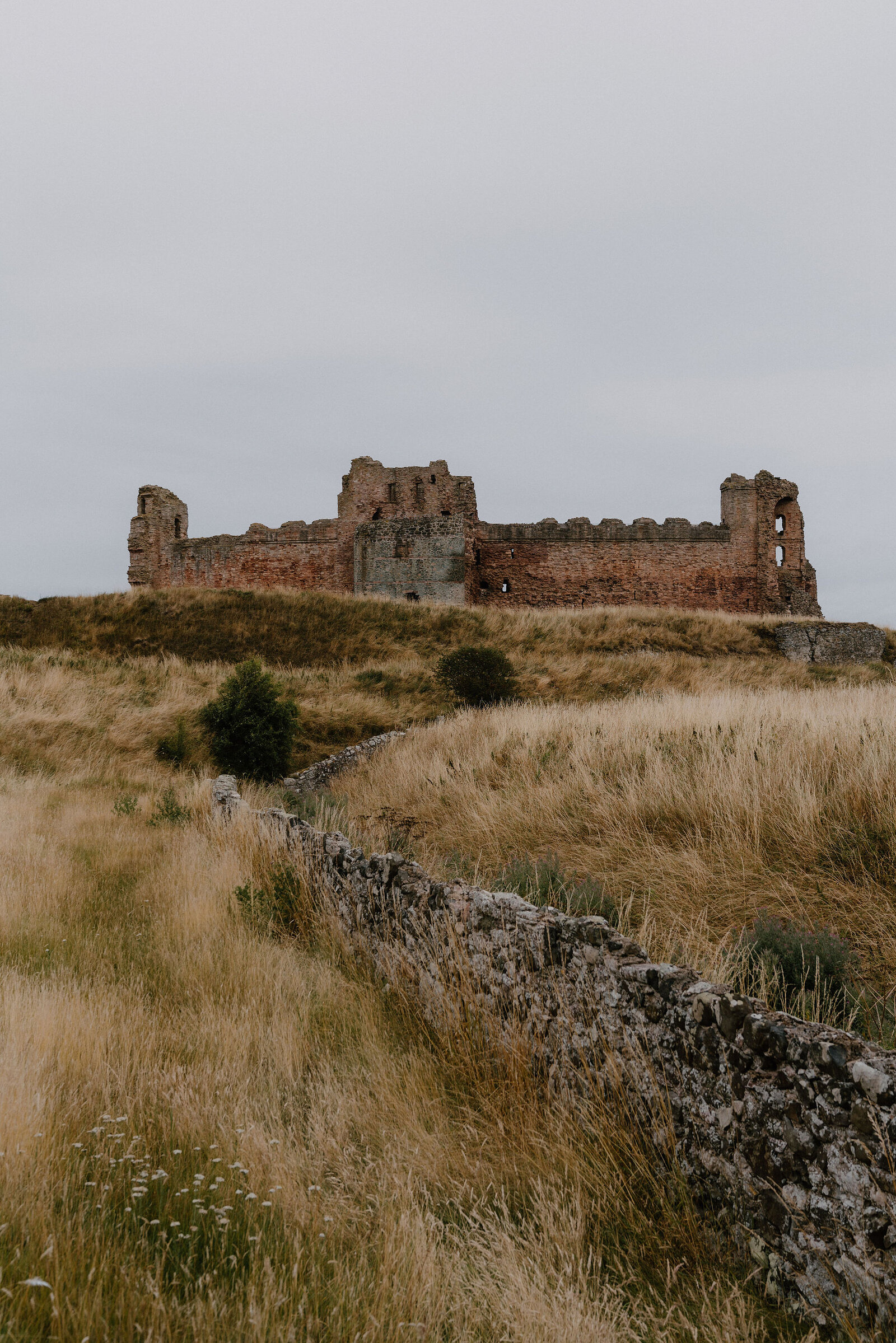 The ruined red sandstone walls of Tantallon Castle stand on a grassy headland behind a dry-stone wall.