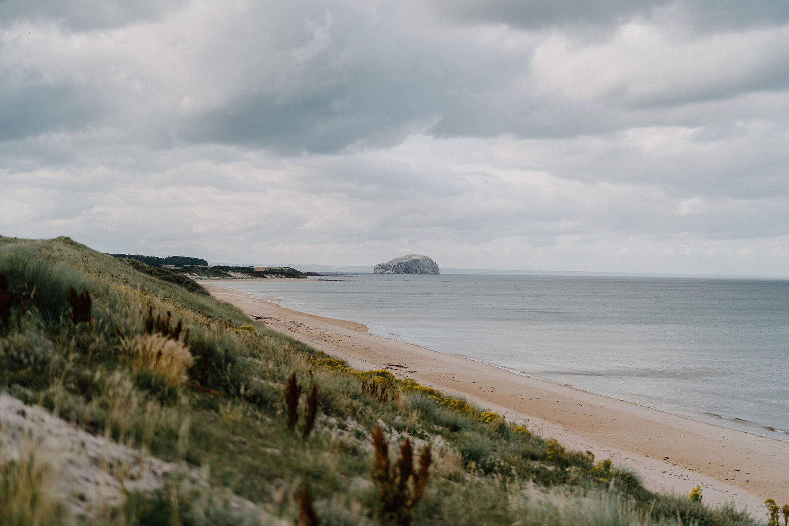 Bass Rock sits offshore beyond a sandy beach backed by dunes.