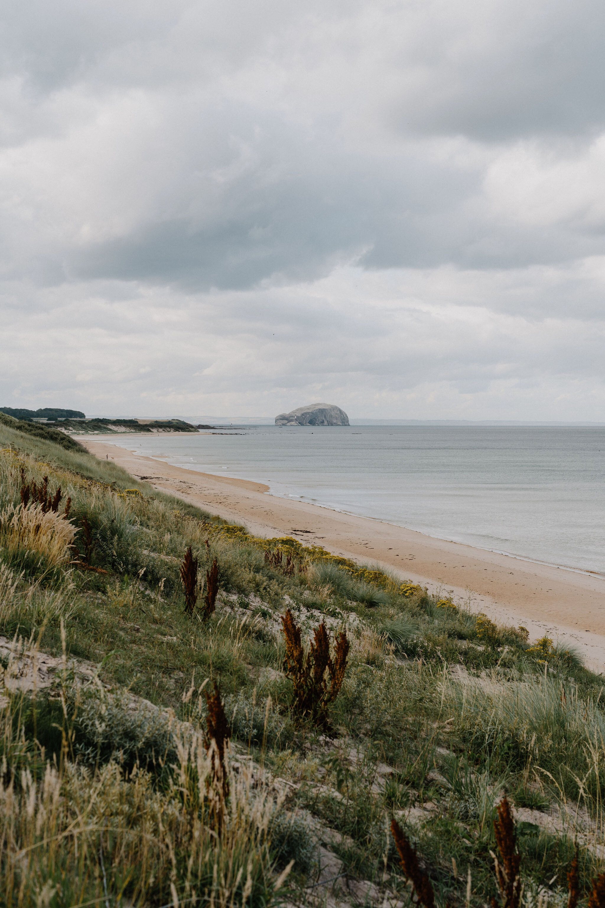 The Bass Rock out to sea beyond the sands at Tyninghame.